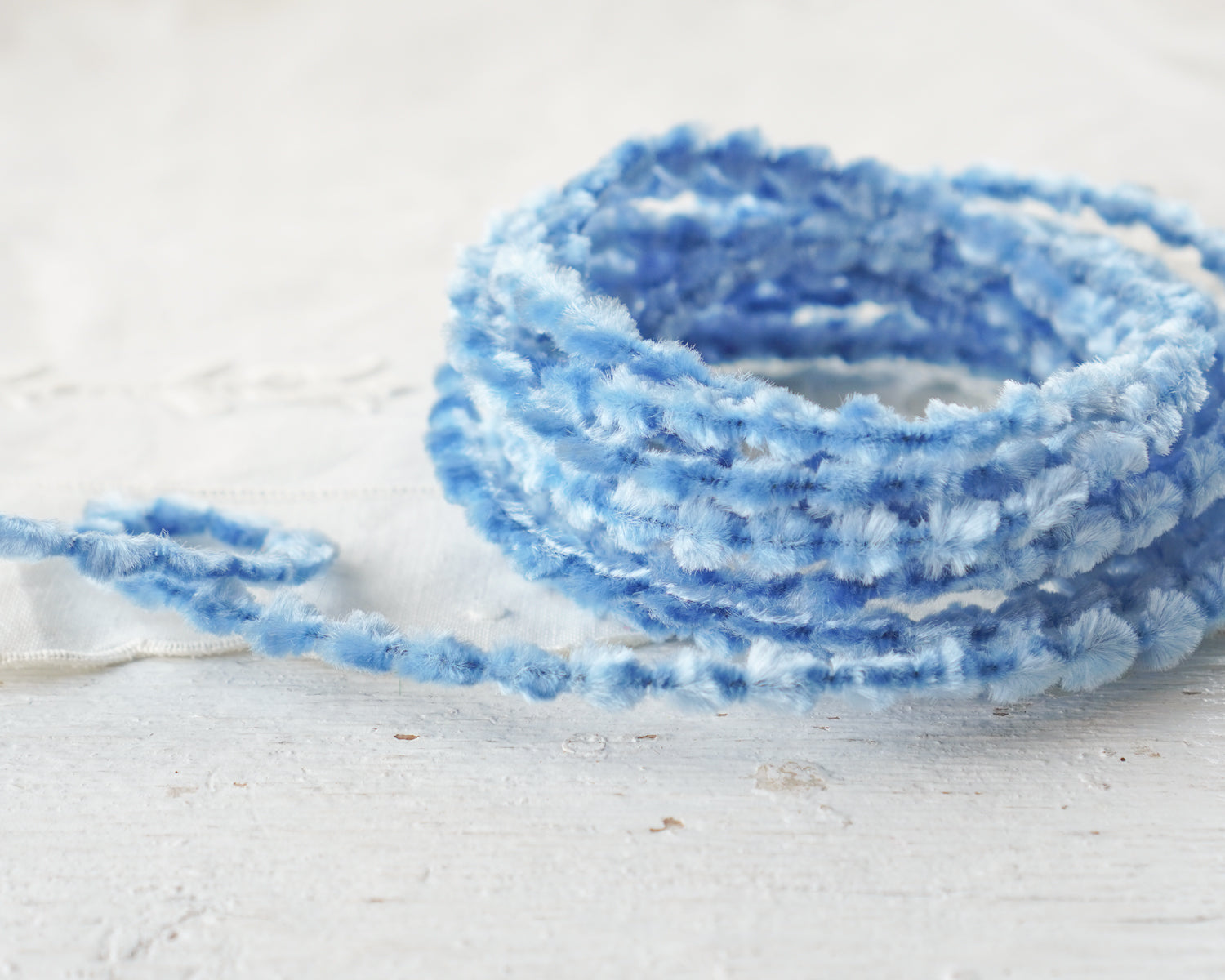 Caterpillar Bump Chenille - Light Blue Crushed Velvet Wired Trim, 3 Yds.