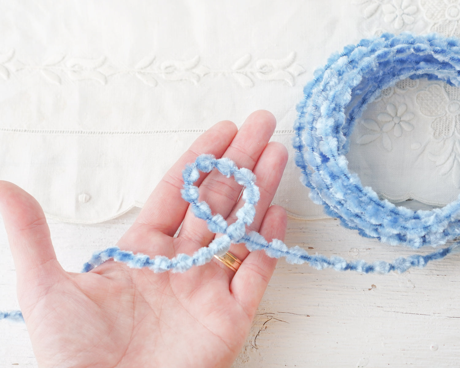 Caterpillar Bump Chenille - Light Blue Crushed Velvet Wired Trim, 3 Yds.