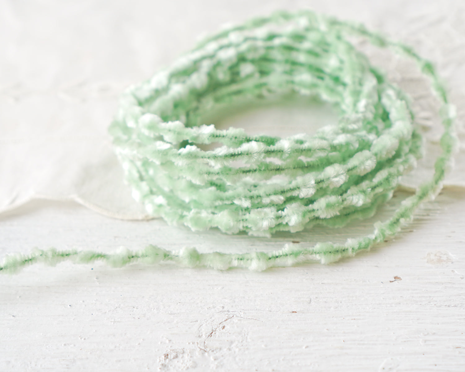 Caterpillar Bump Chenille - Mint Green Crushed Velvet Wired Trim, 3 Yds.