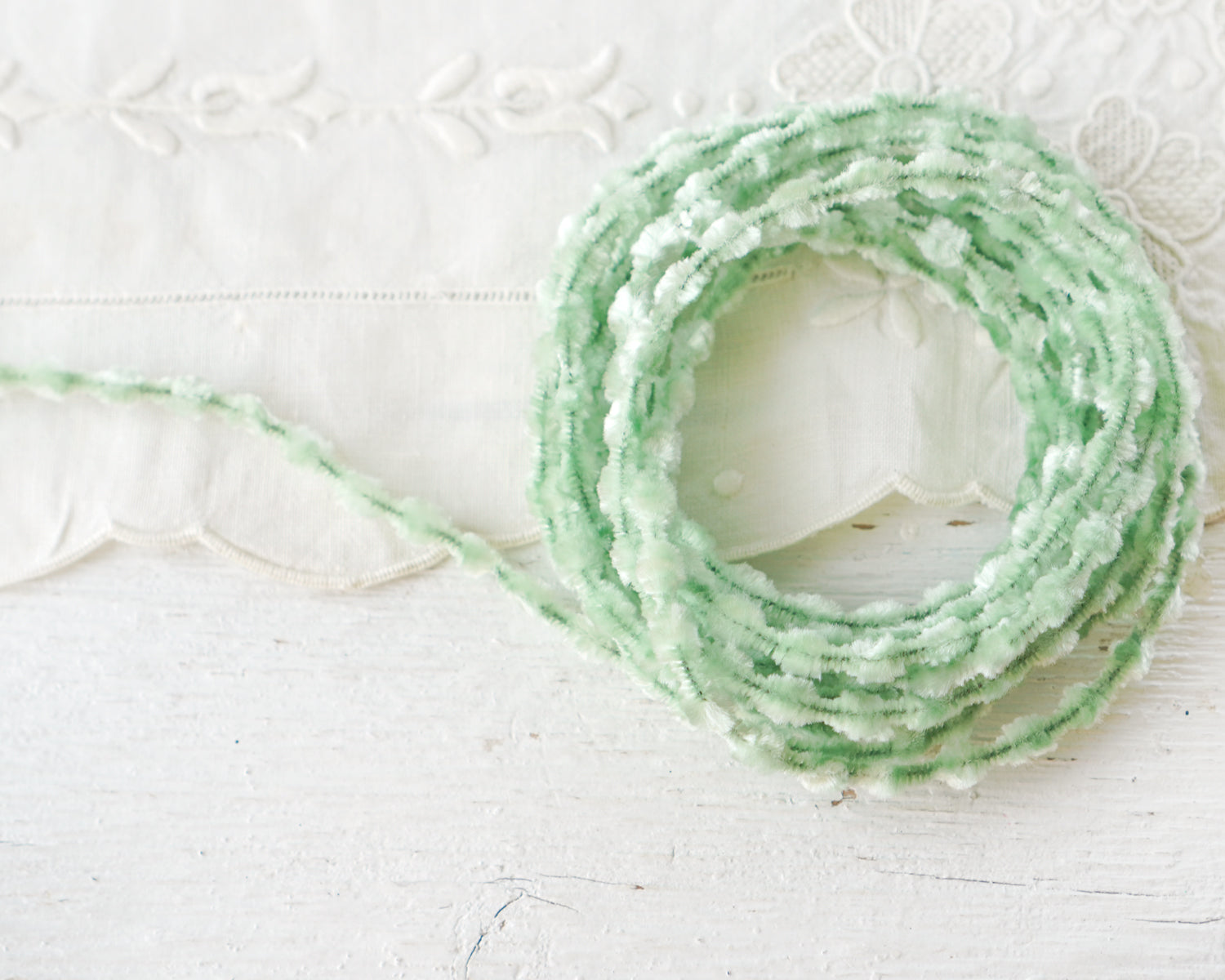 Caterpillar Bump Chenille - Mint Green Crushed Velvet Wired Trim, 3 Yds.