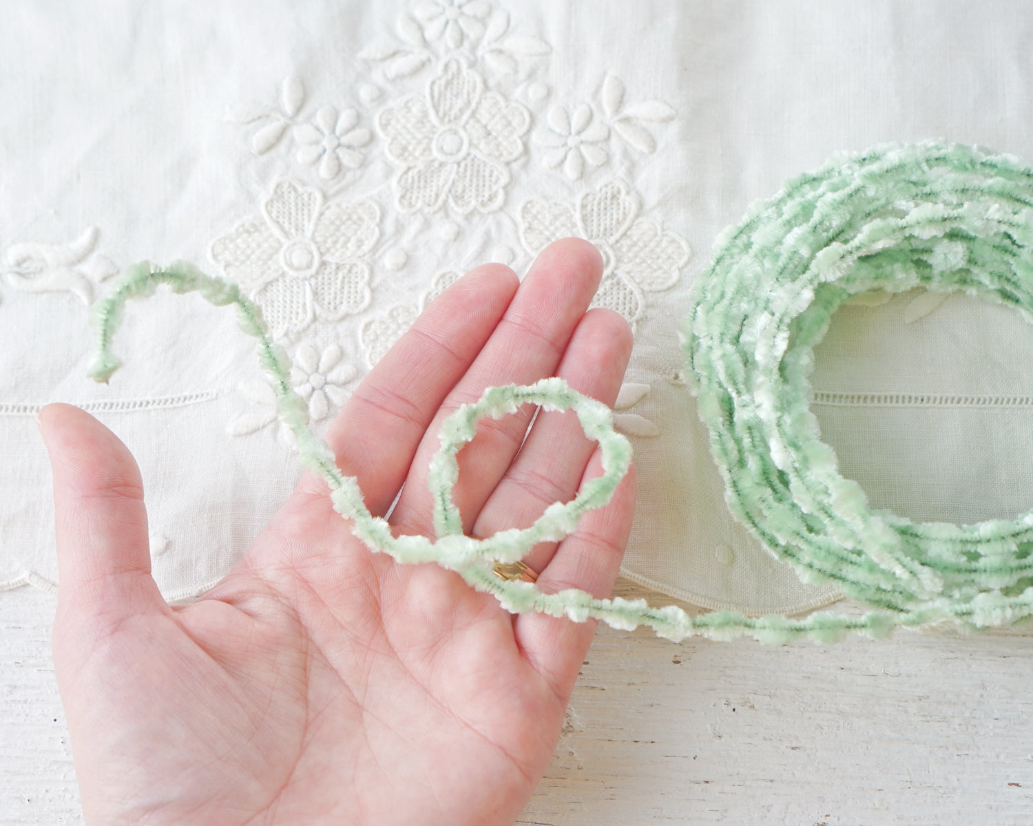 Caterpillar Bump Chenille - Mint Green Crushed Velvet Wired Trim, 3 Yds.