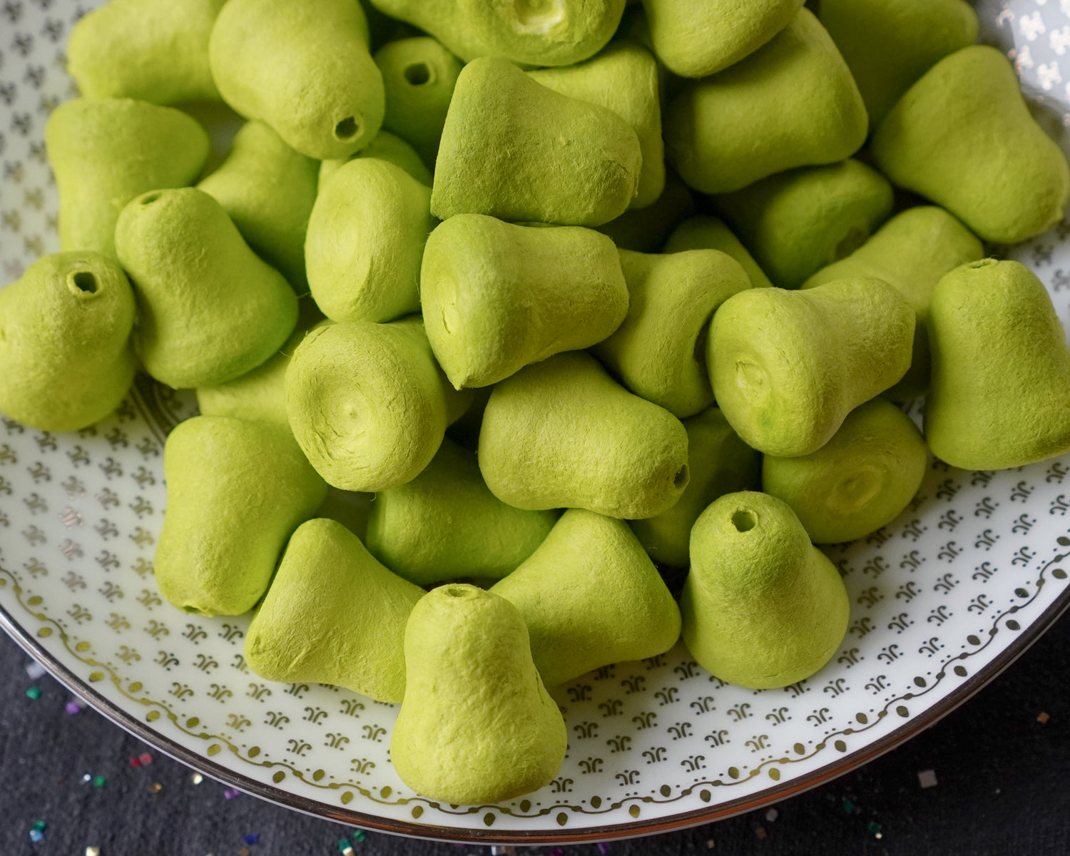 Mini Lime Green Bells - 20mm Tinted Spun Cotton Craft Shapes, 24 Pcs.