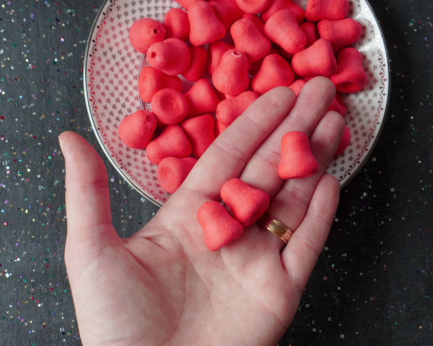Mini Red Bells - 20mm Tinted Spun Cotton Craft Shapes, 24 Pcs.
