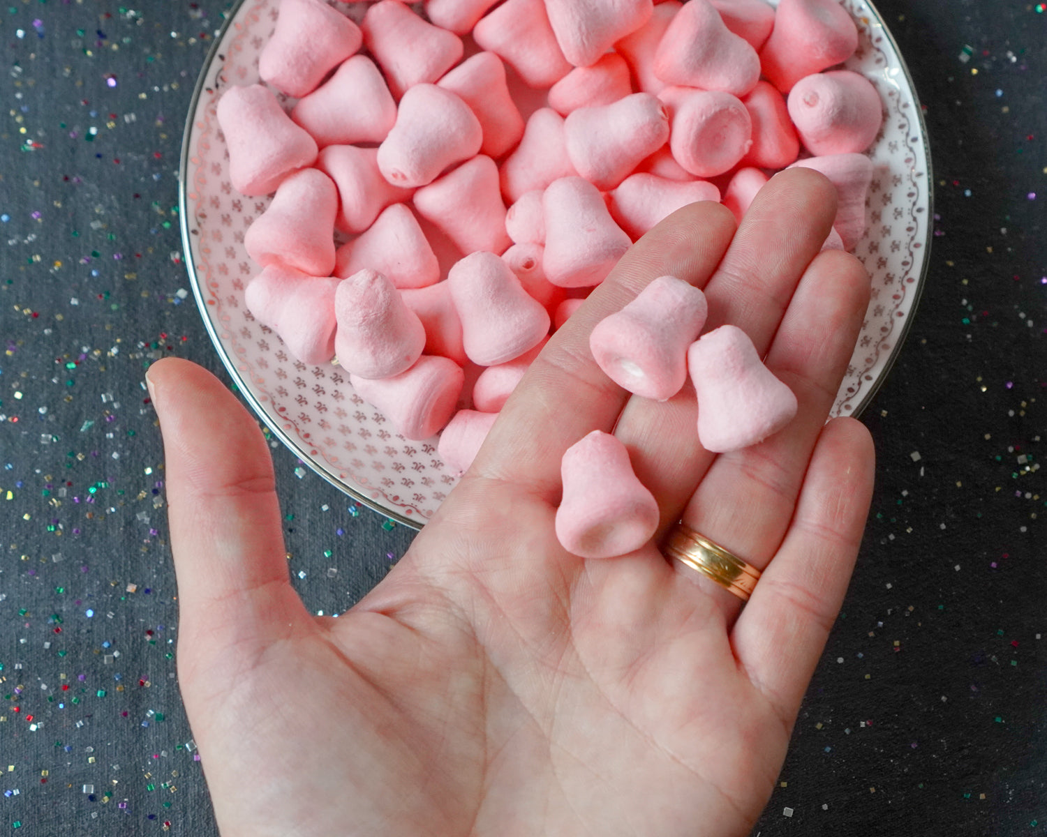 Mini Pink Bells - 20mm Tinted Spun Cotton Craft Shapes, 24 Pcs.