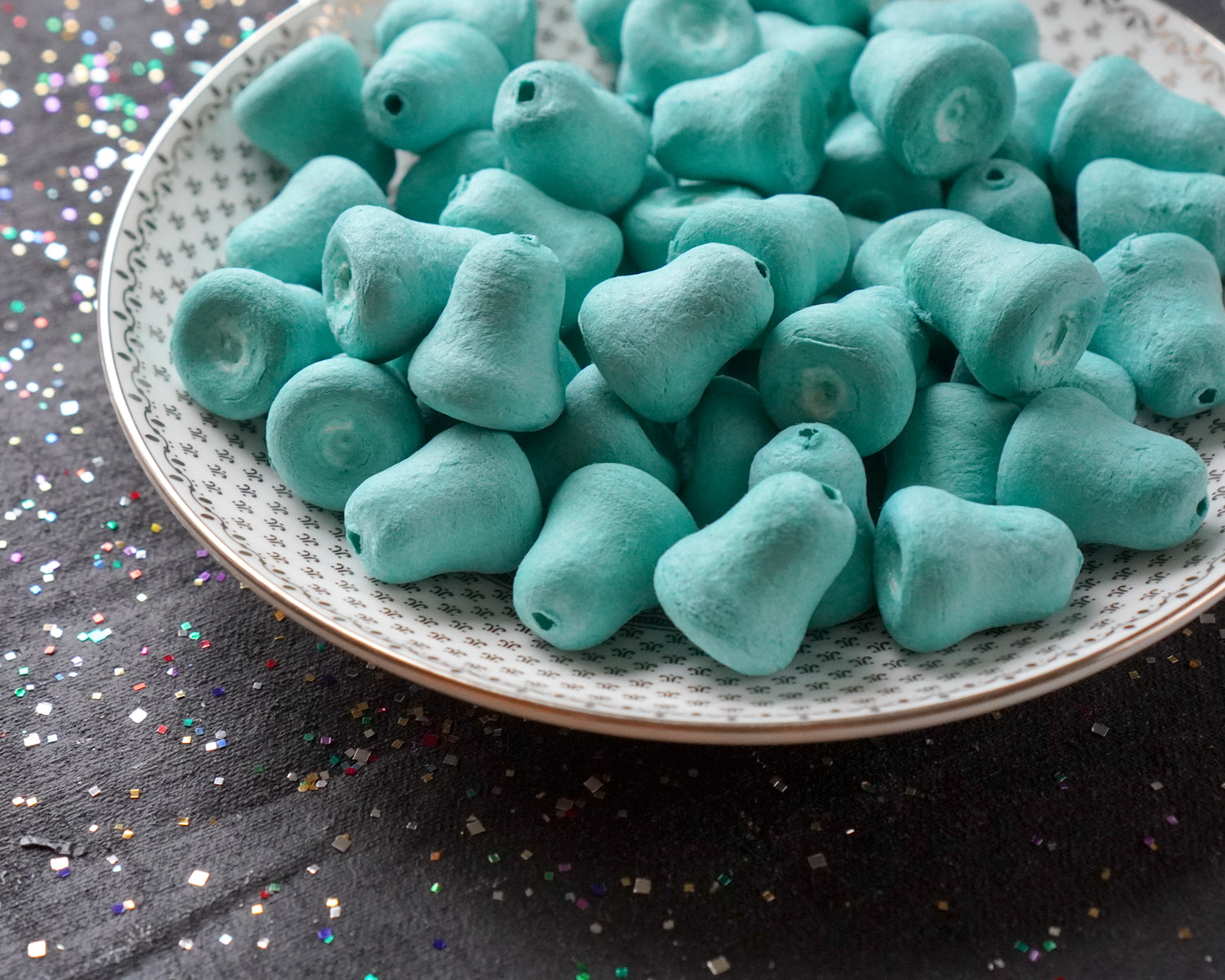 Mini Teal Blue Bells - 20mm Tinted Spun Cotton Craft Shapes, 24 Pcs.