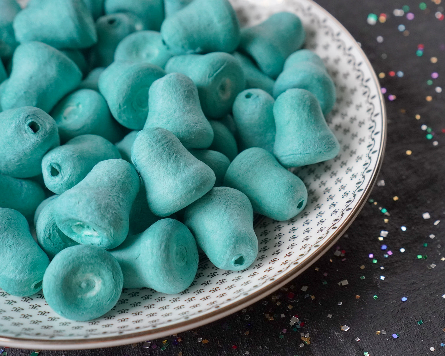 Mini Teal Blue Bells - 20mm Tinted Spun Cotton Craft Shapes, 24 Pcs.