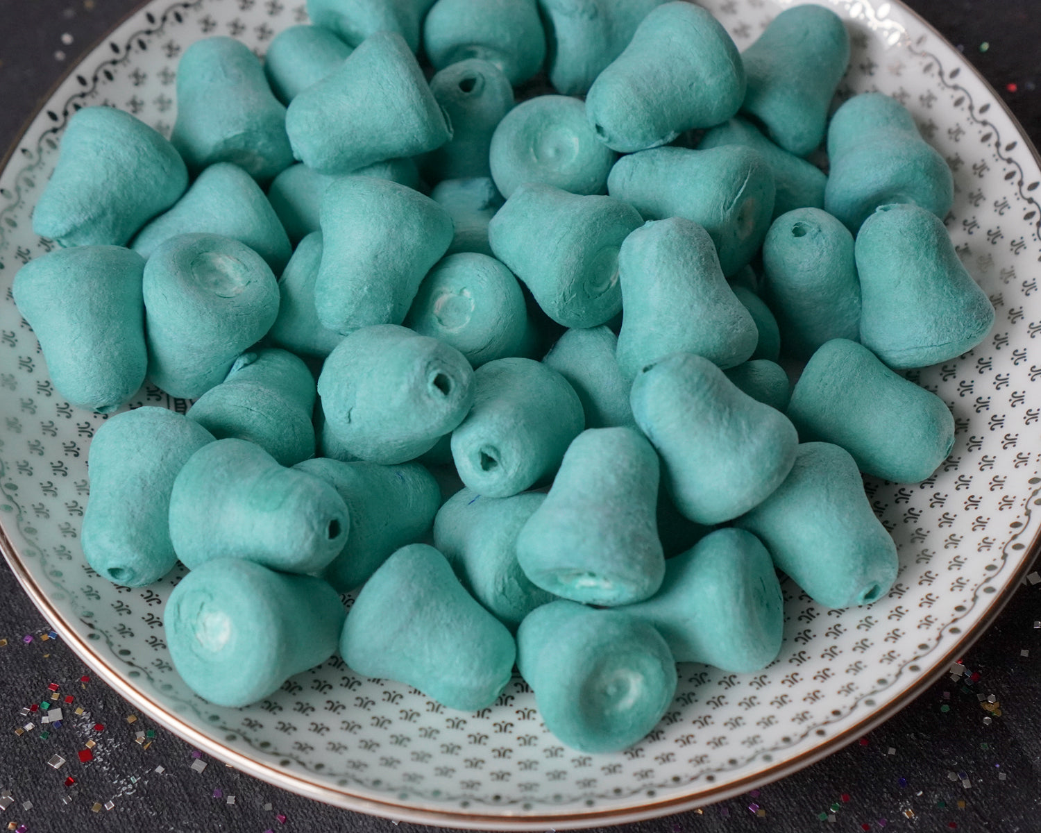 Mini Teal Blue Bells - 20mm Tinted Spun Cotton Craft Shapes, 24 Pcs.