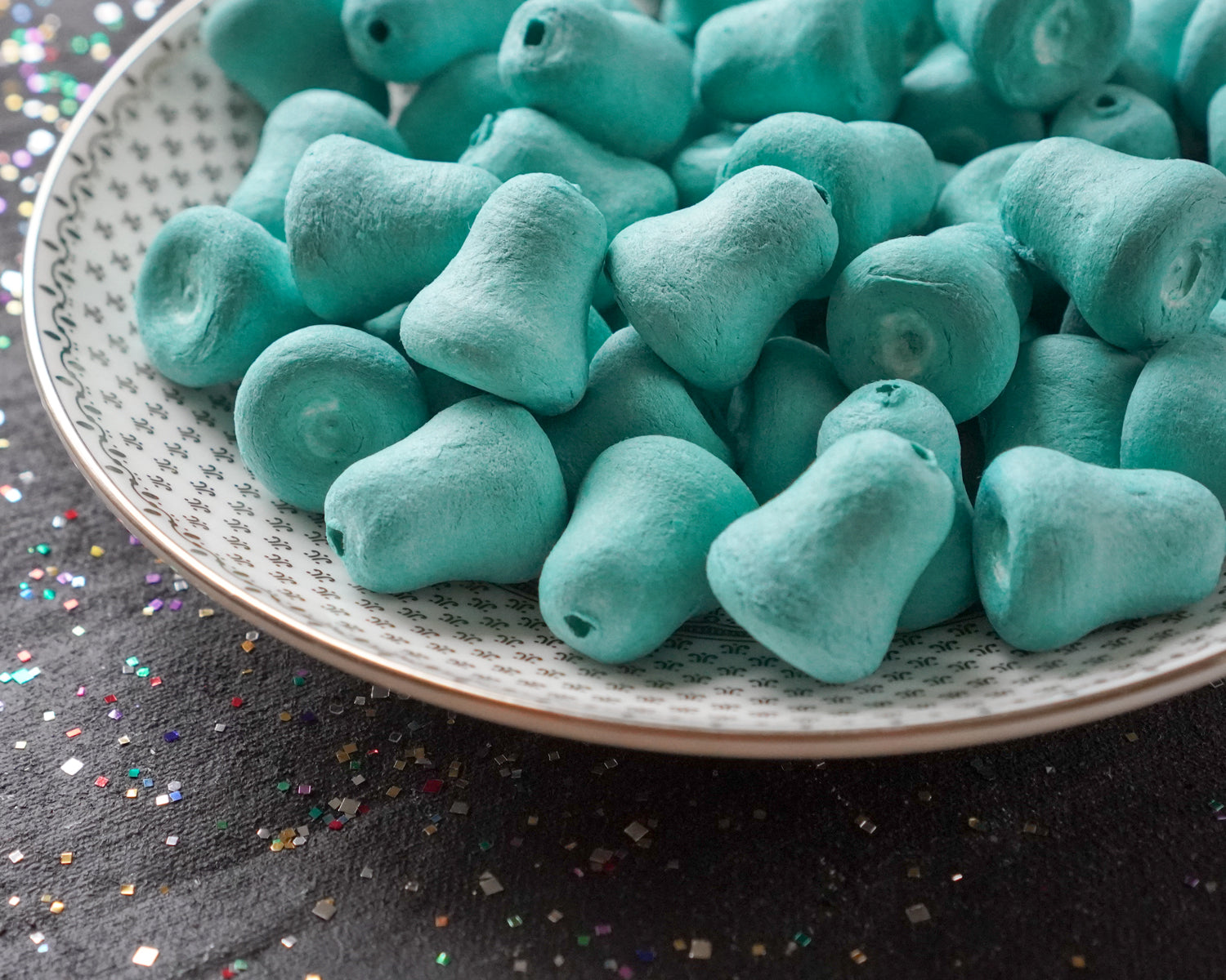 Mini Teal Blue Bells - 20mm Tinted Spun Cotton Craft Shapes, 24 Pcs.