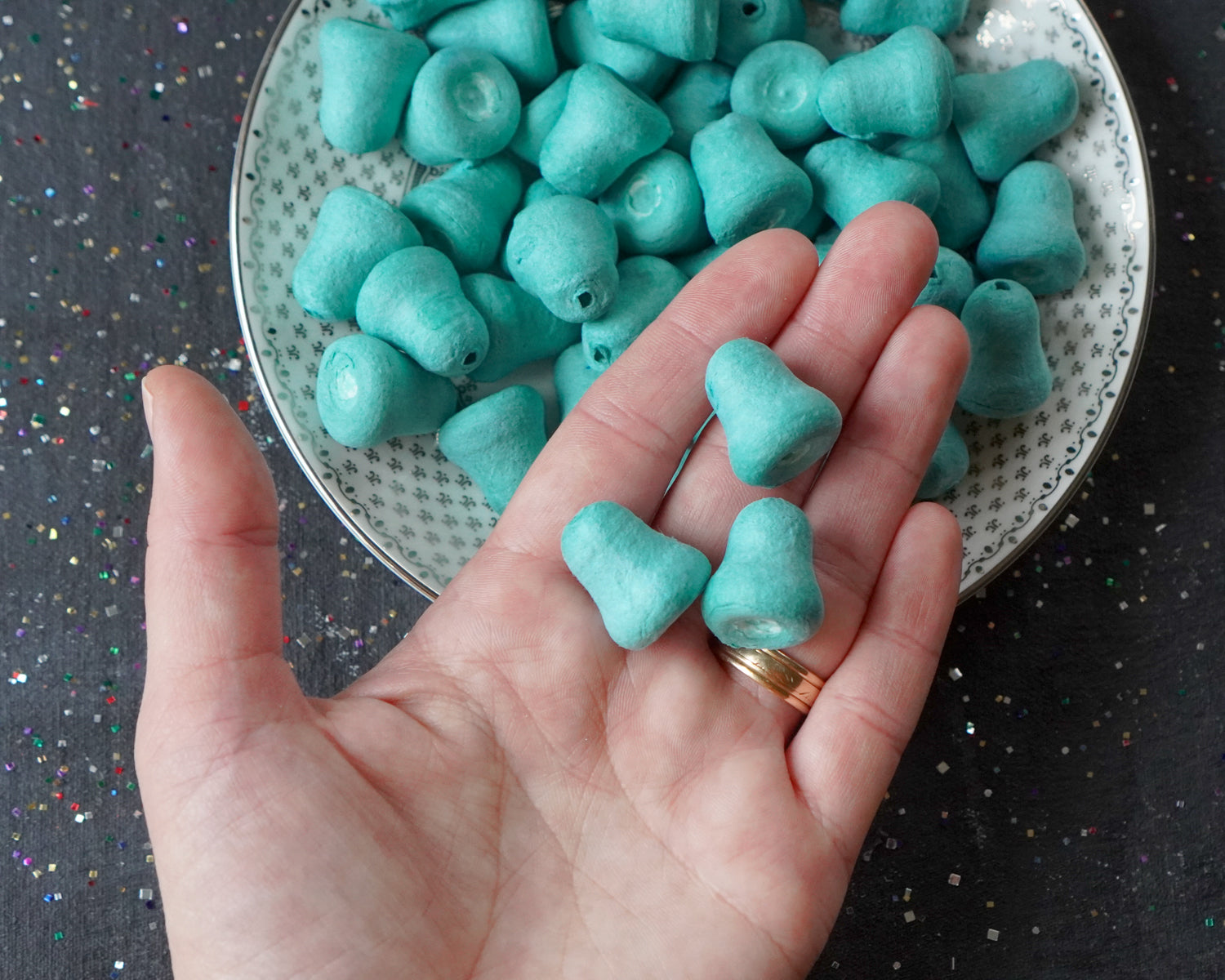 Mini Teal Blue Bells - 20mm Tinted Spun Cotton Craft Shapes, 24 Pcs.