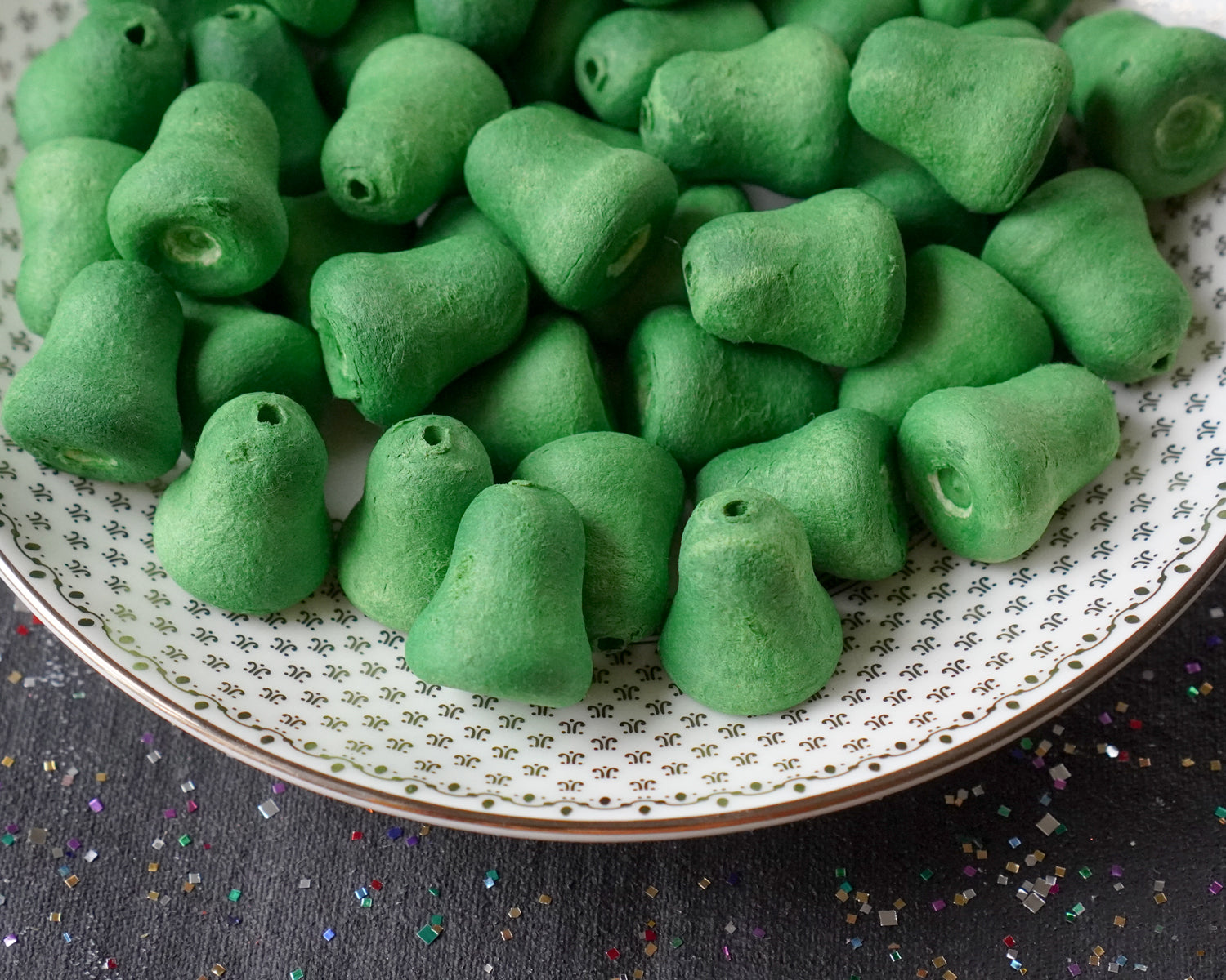 Mini Christmas Green Bells - 20mm Tinted Spun Cotton Craft Shapes, 24 Pcs.