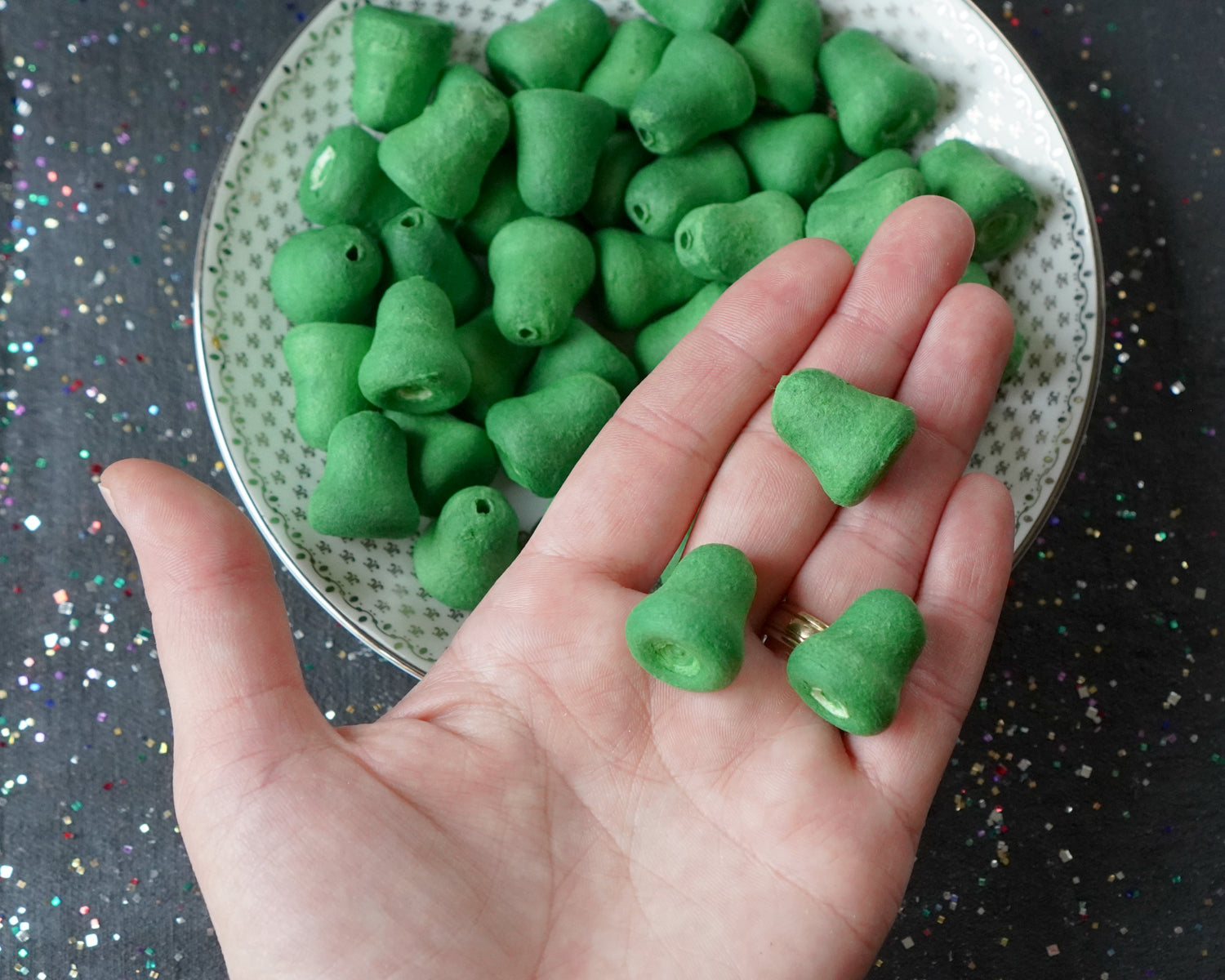 Mini Christmas Green Bells - 20mm Tinted Spun Cotton Craft Shapes, 24 Pcs.