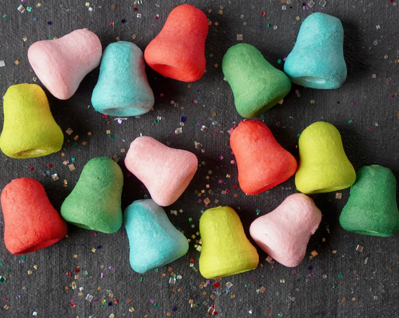 Mini Rainbow Bells - 20mm Tinted Spun Cotton Craft Shapes, 25 Pcs.