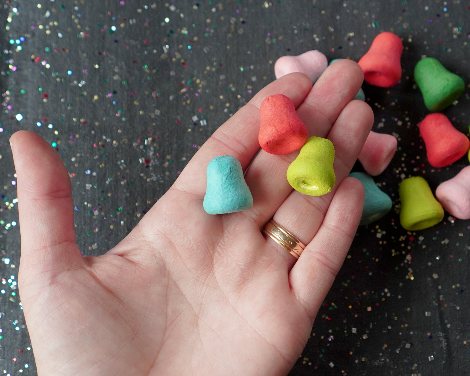 Mini Rainbow Bells - 20mm Tinted Spun Cotton Craft Shapes, 25 Pcs.