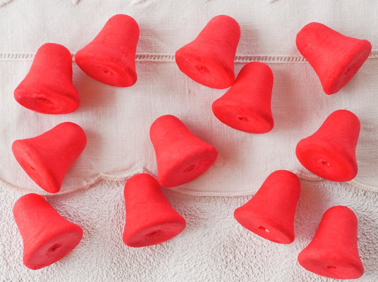 Small Red Spun Cotton Bells - 24mm Vintage-Style Craft Shapes, 12 Pcs.