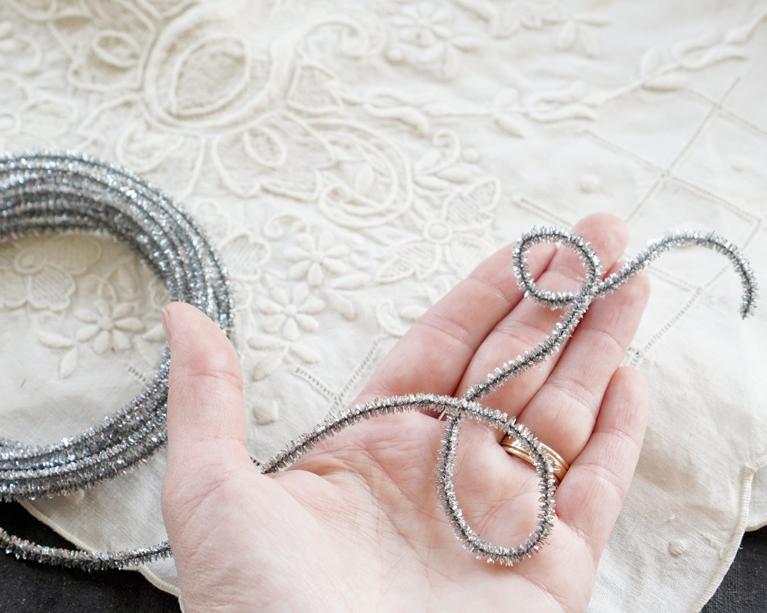 Wired Tinsel Cord - Skinny Silver Lurex Trim, 3 Yds.