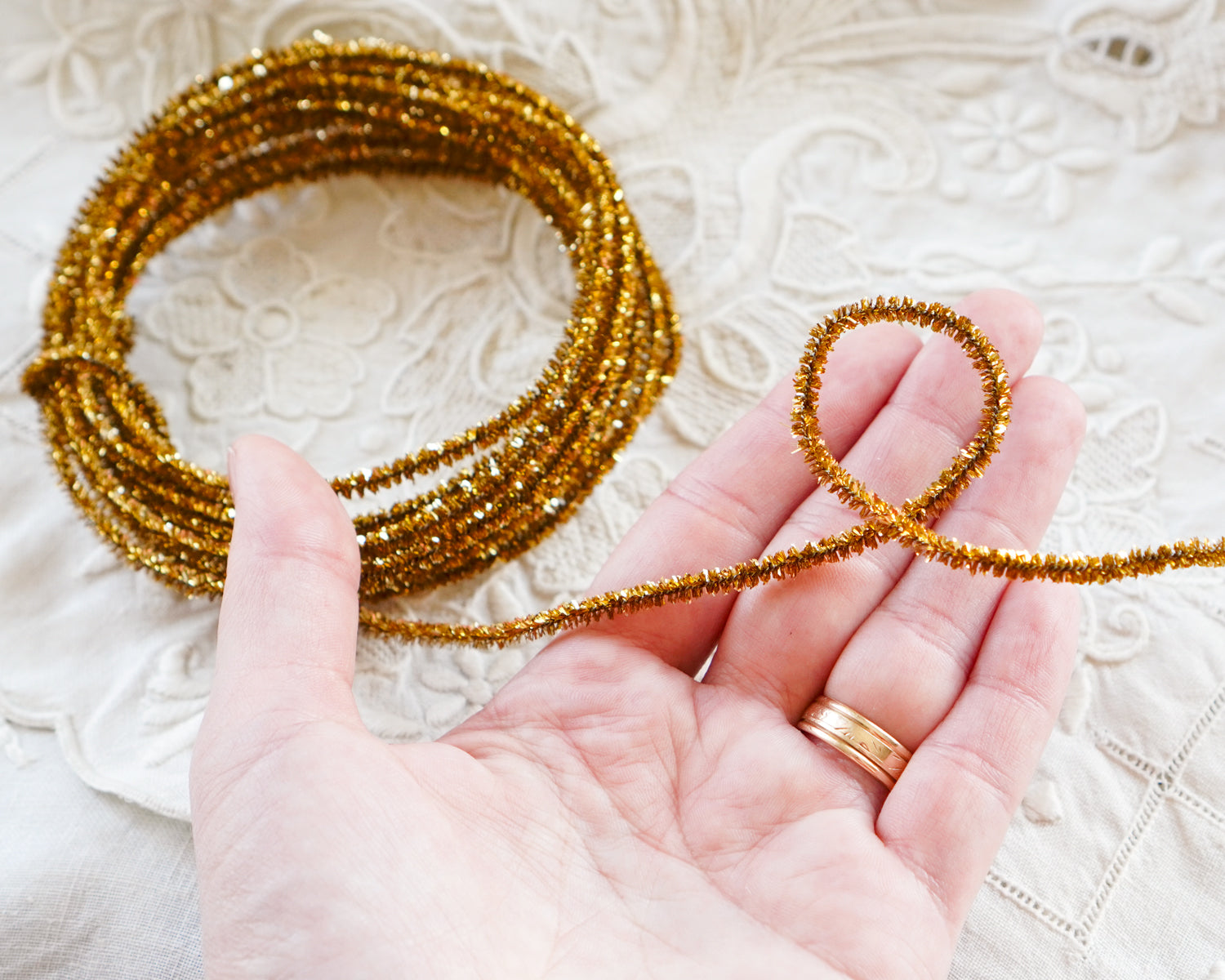 Wired Tinsel Cord - Skinny Gold Lurex Trim, 3 Yds.