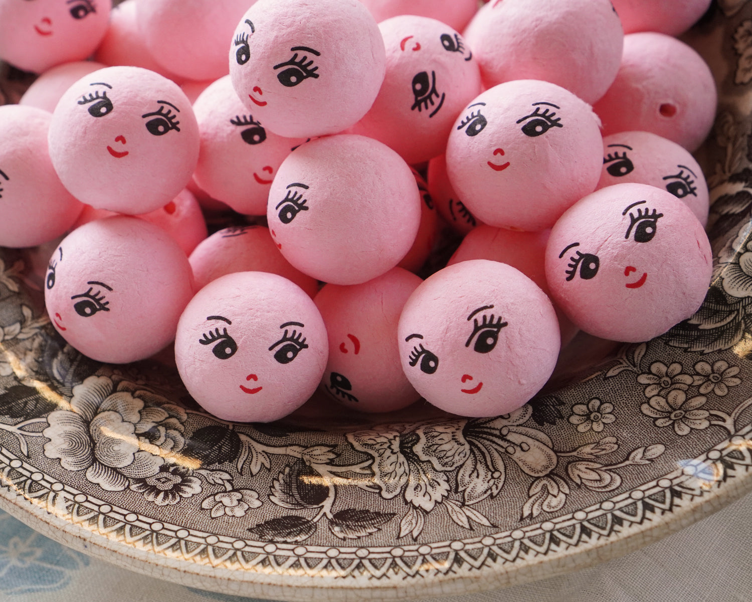 Pink Spun Cotton Heads: CHARM - 30mm Vintage-Style Cotton Doll Heads with Faces, 12 Pcs.