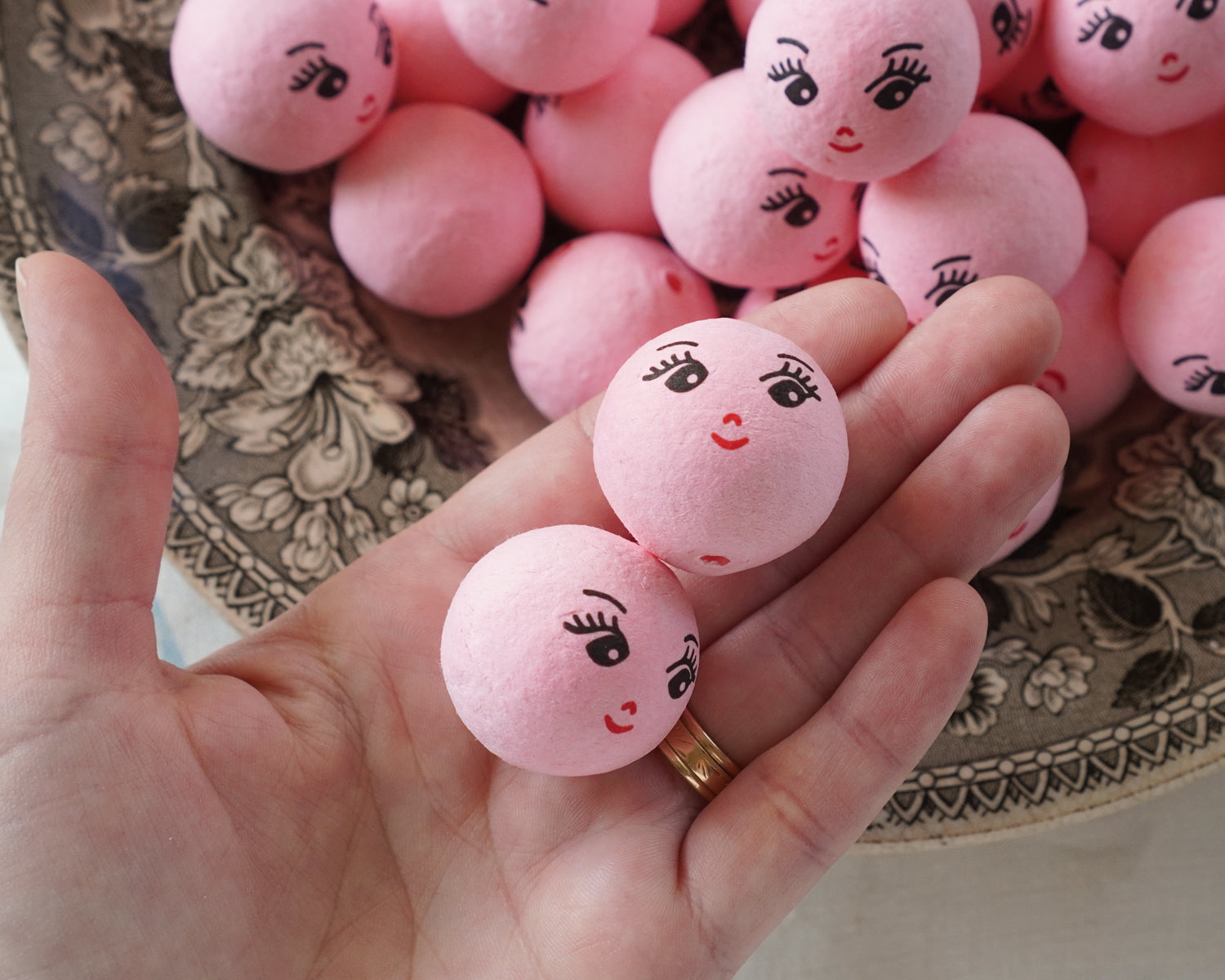Pink Spun Cotton Heads: CHARM - 30mm Vintage-Style Cotton Doll Heads with Faces, 12 Pcs.