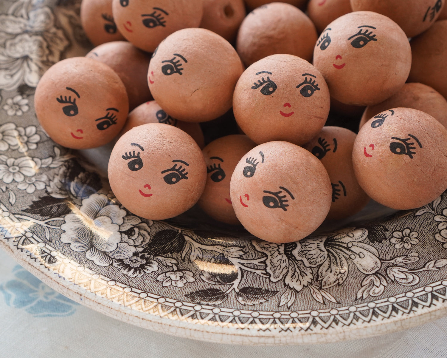 Brown Spun Cotton Heads: CHARM - 30mm Vintage-Style Cotton Doll Heads with Faces, 12 Pcs.