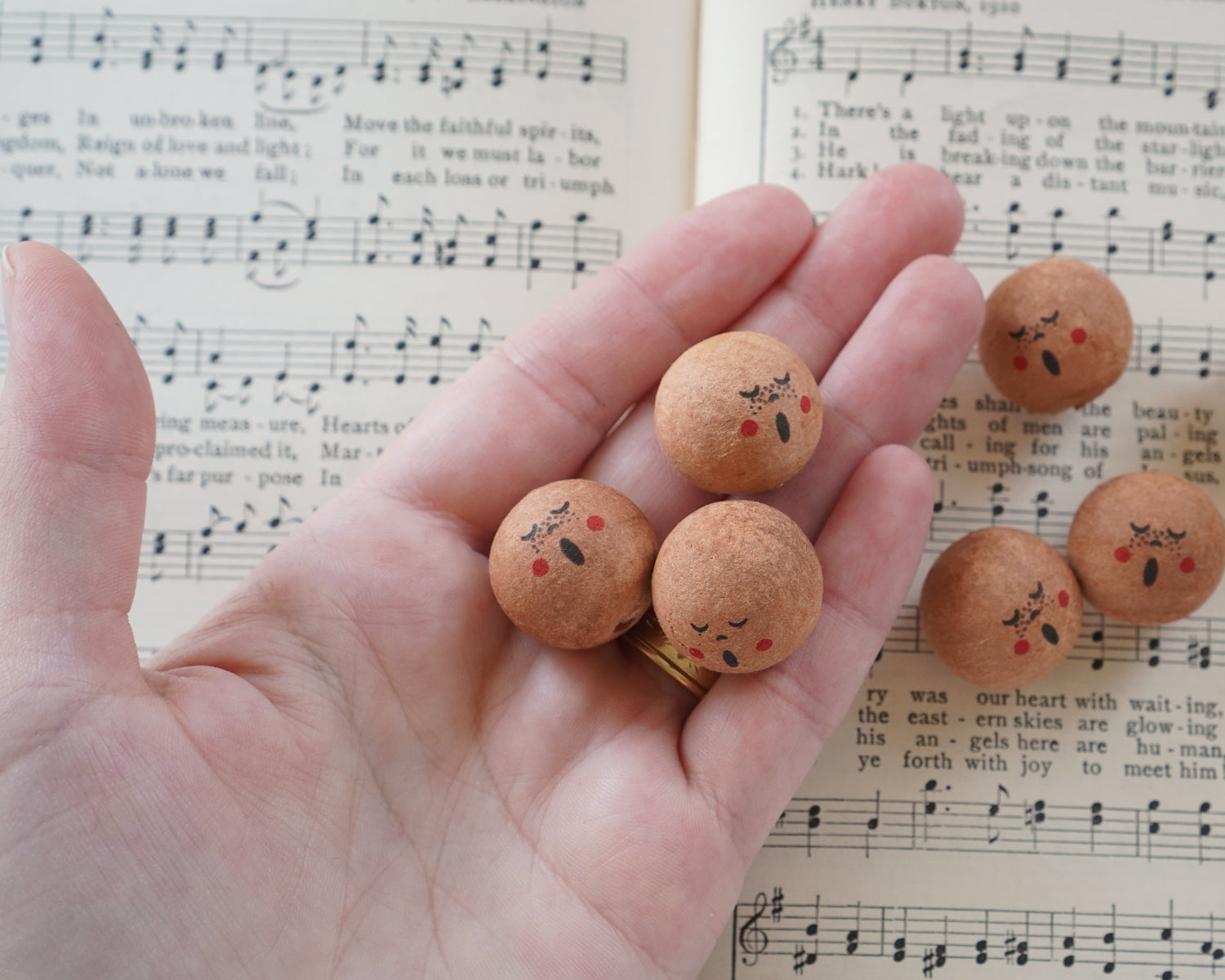 Spun Cotton Heads: CHOIR - Brown Vintage-Style Cotton Doll Heads with Faces