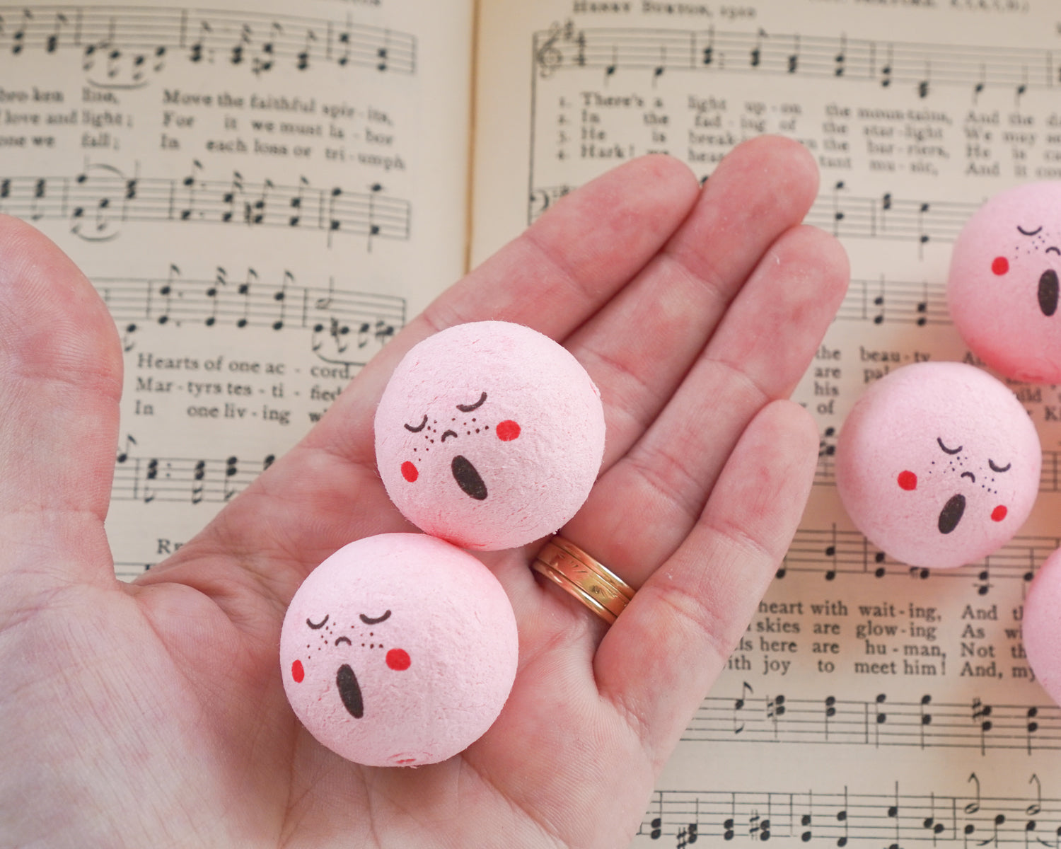 Spun Cotton Heads: CHOIR - Pink Vintage-Style Cotton Doll Heads with Faces