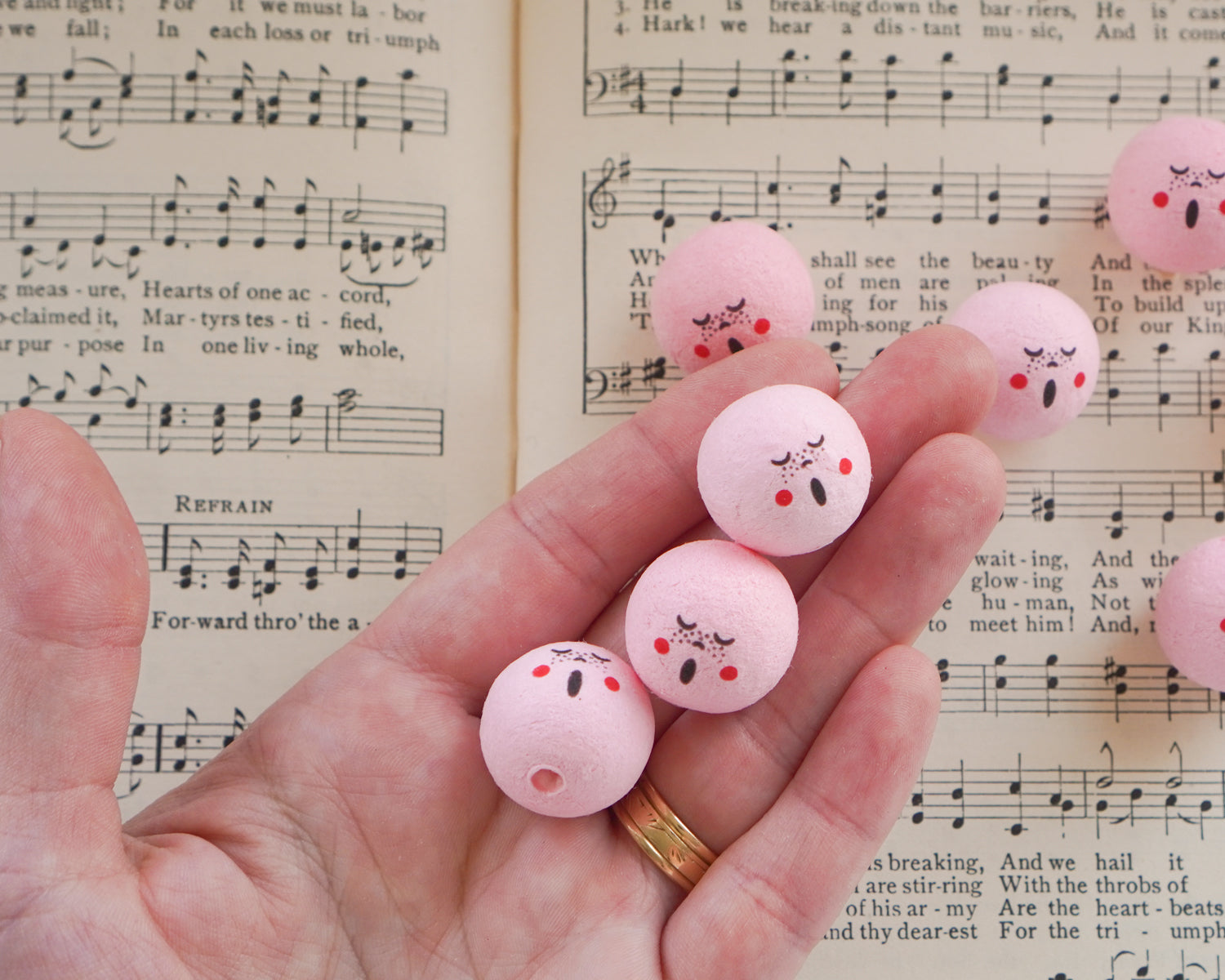 Spun Cotton Heads: CHOIR - Pink Vintage-Style Cotton Doll Heads with Faces