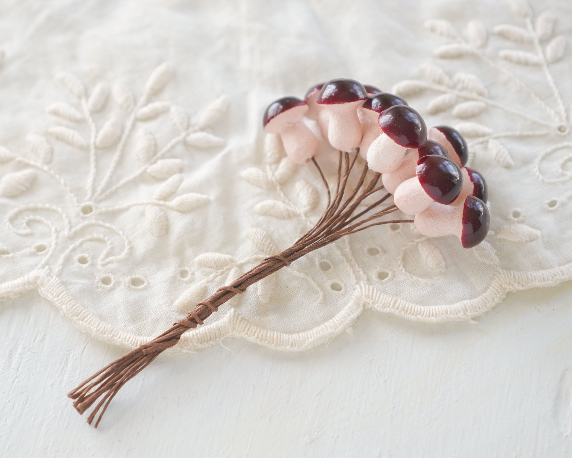 Burgundy Spun Cotton Mushrooms - 15x20mm Mini Toadstools, 12 Pcs.