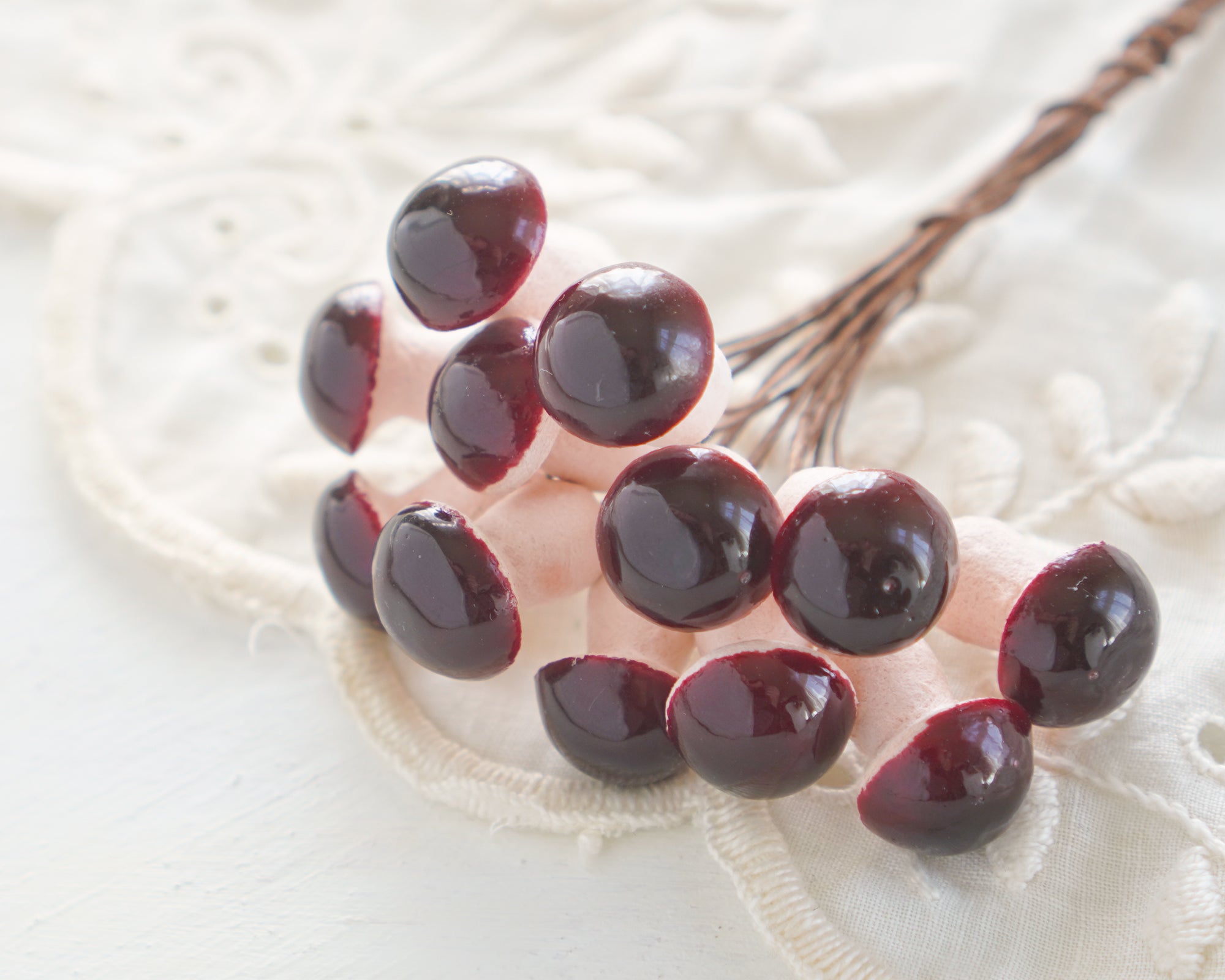 Burgundy Spun Cotton Mushrooms - 15x20mm Mini Toadstools, 12 Pcs.