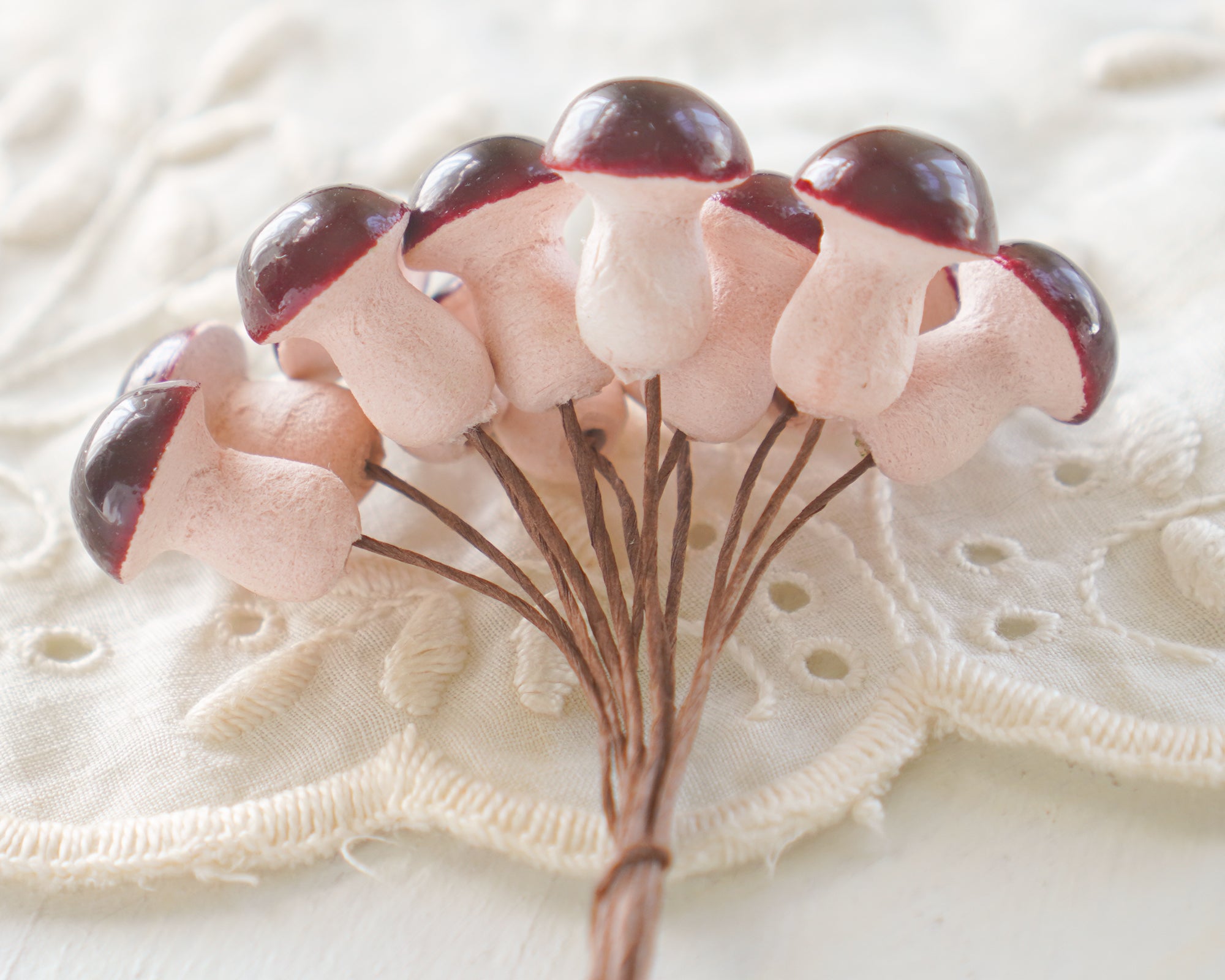 Burgundy Spun Cotton Mushrooms - 15x20mm Mini Toadstools, 12 Pcs.