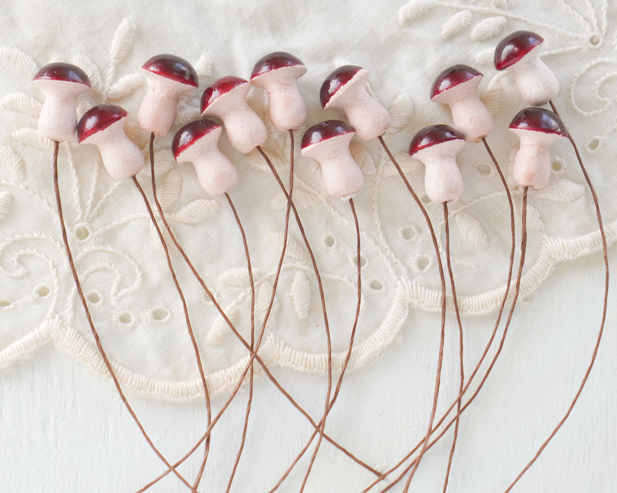 Burgundy Spun Cotton Mushrooms - 15x20mm Mini Toadstools, 12 Pcs.