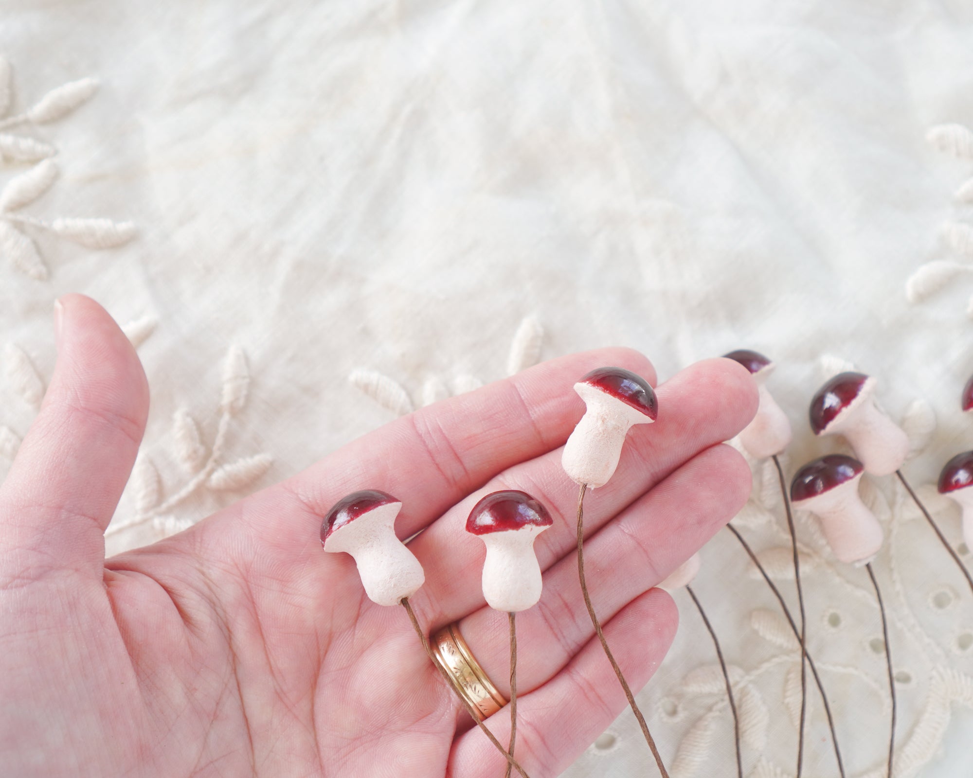 Burgundy Spun Cotton Mushrooms - 15x20mm Mini Toadstools, 12 Pcs.