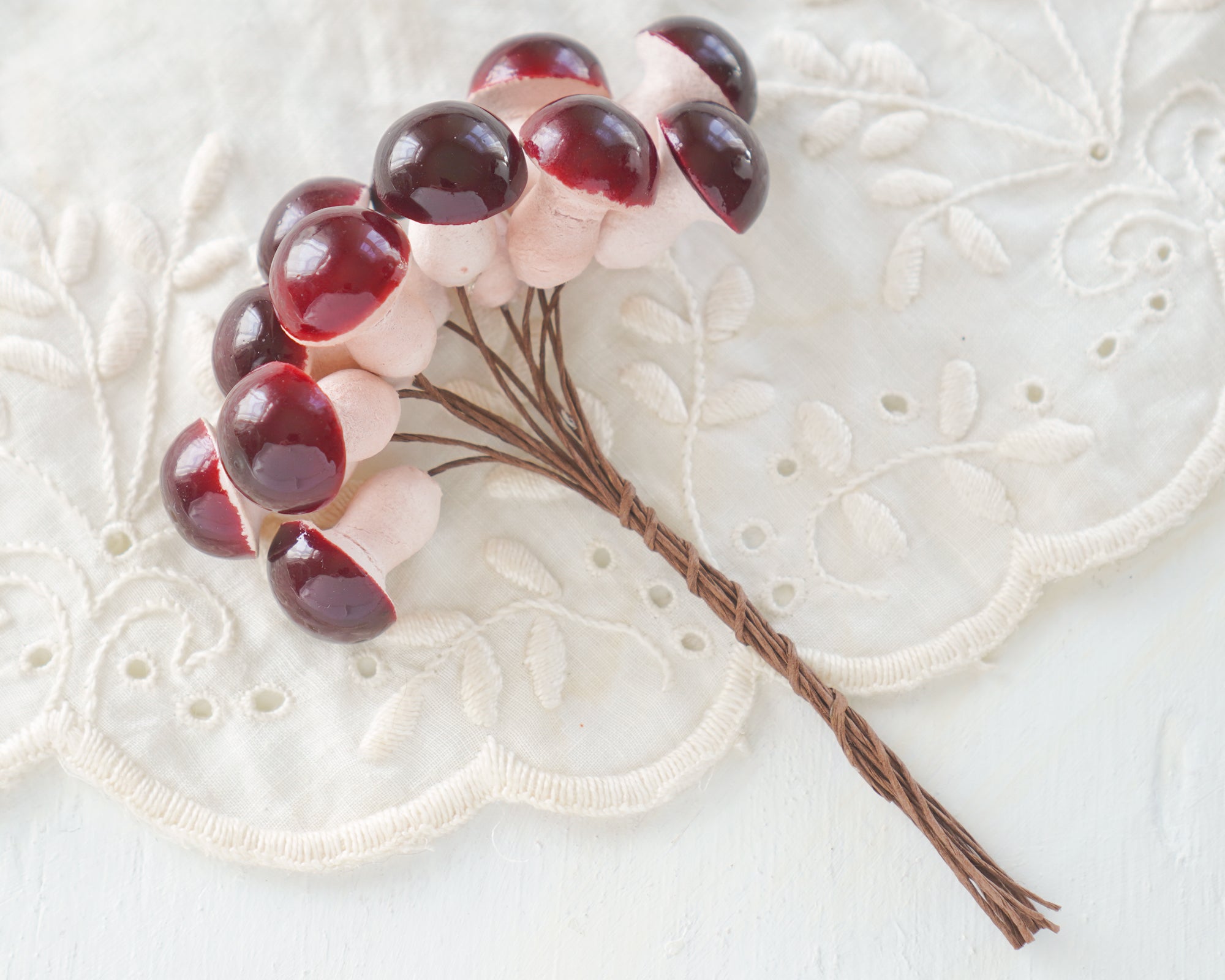 Burgundy Spun Cotton Mushrooms - 20x25mm Small Toadstools, 12 Pcs.