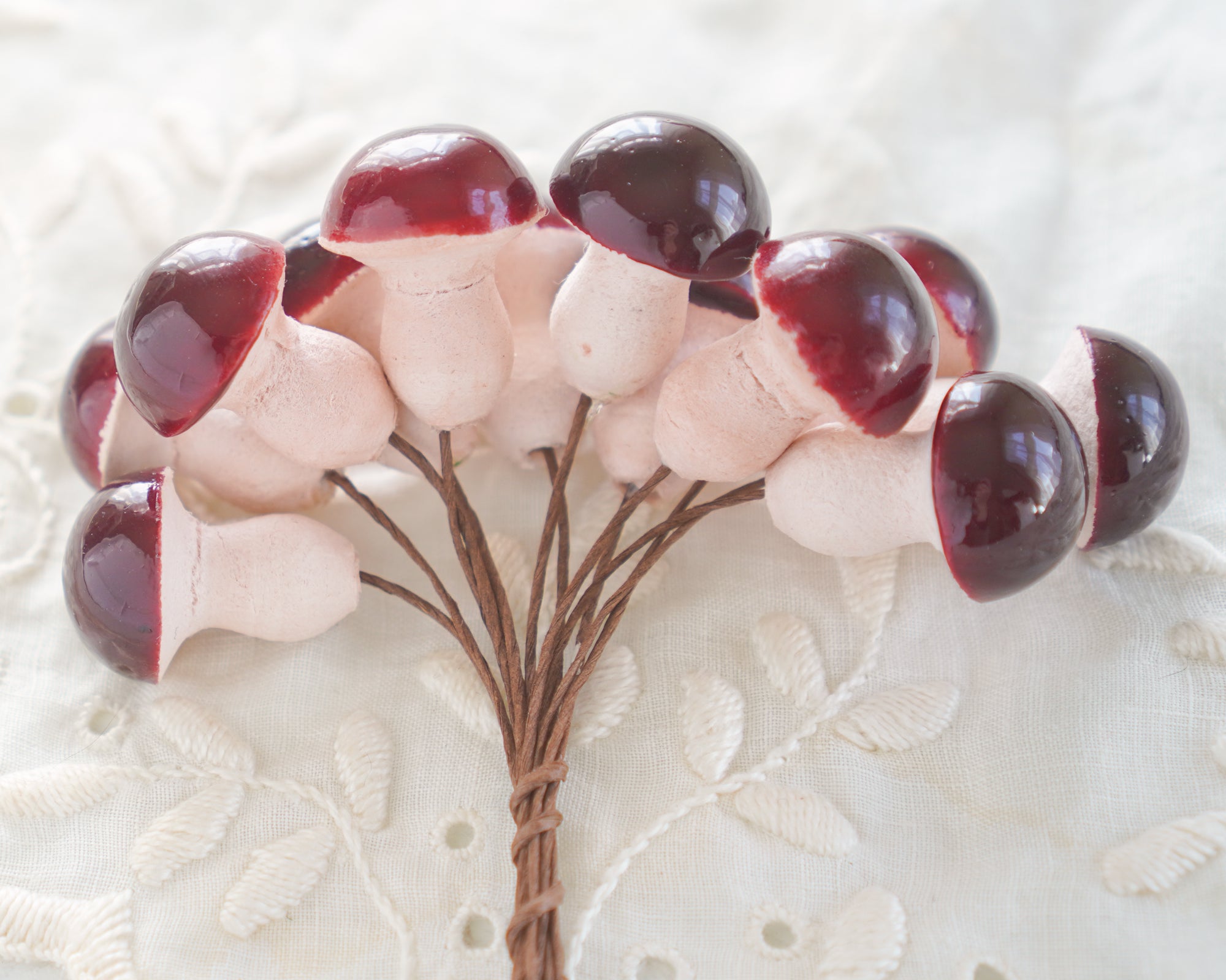 Burgundy Spun Cotton Mushrooms - 20x25mm Small Toadstools, 12 Pcs.