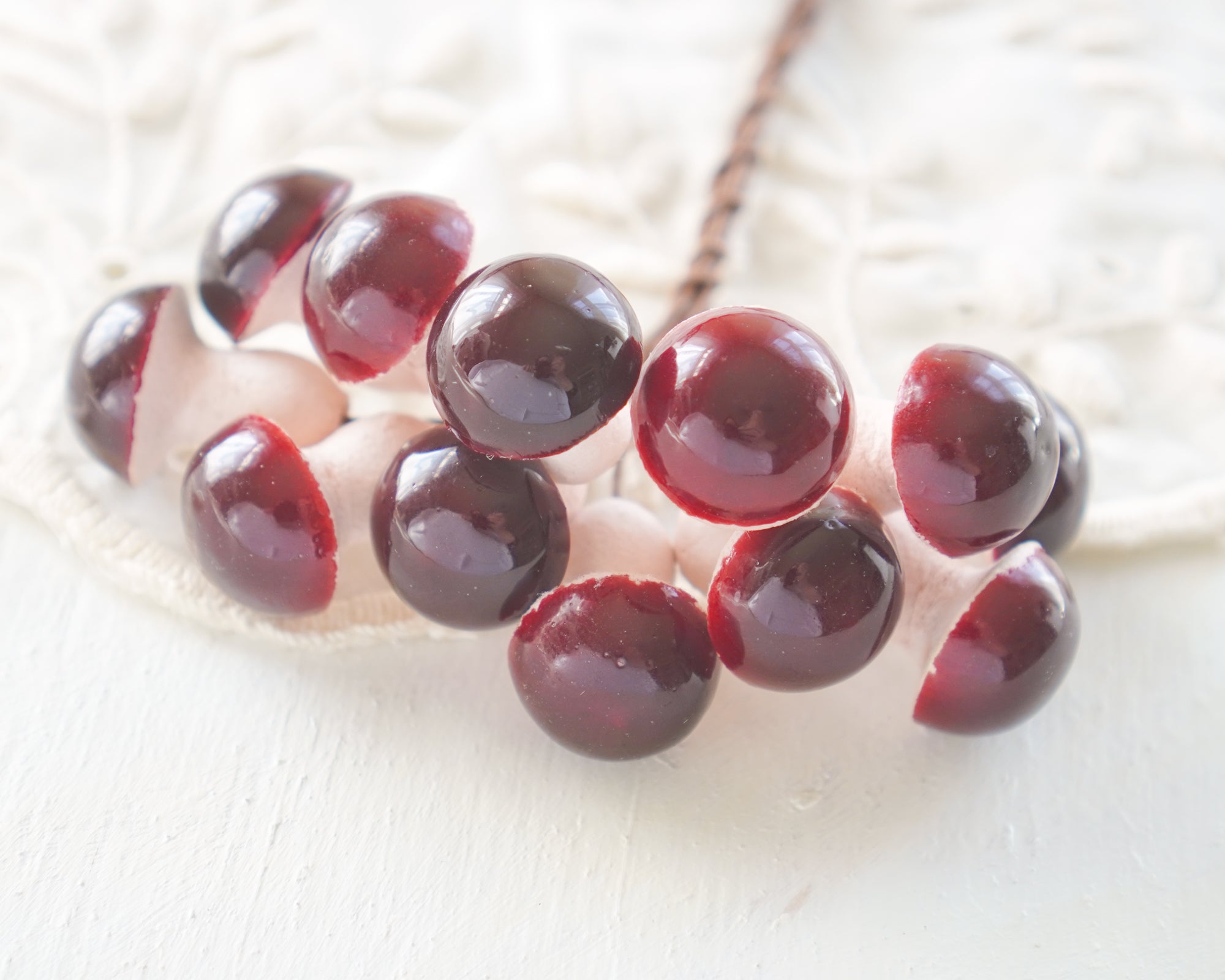 Burgundy Spun Cotton Mushrooms - 20x25mm Small Toadstools, 12 Pcs.