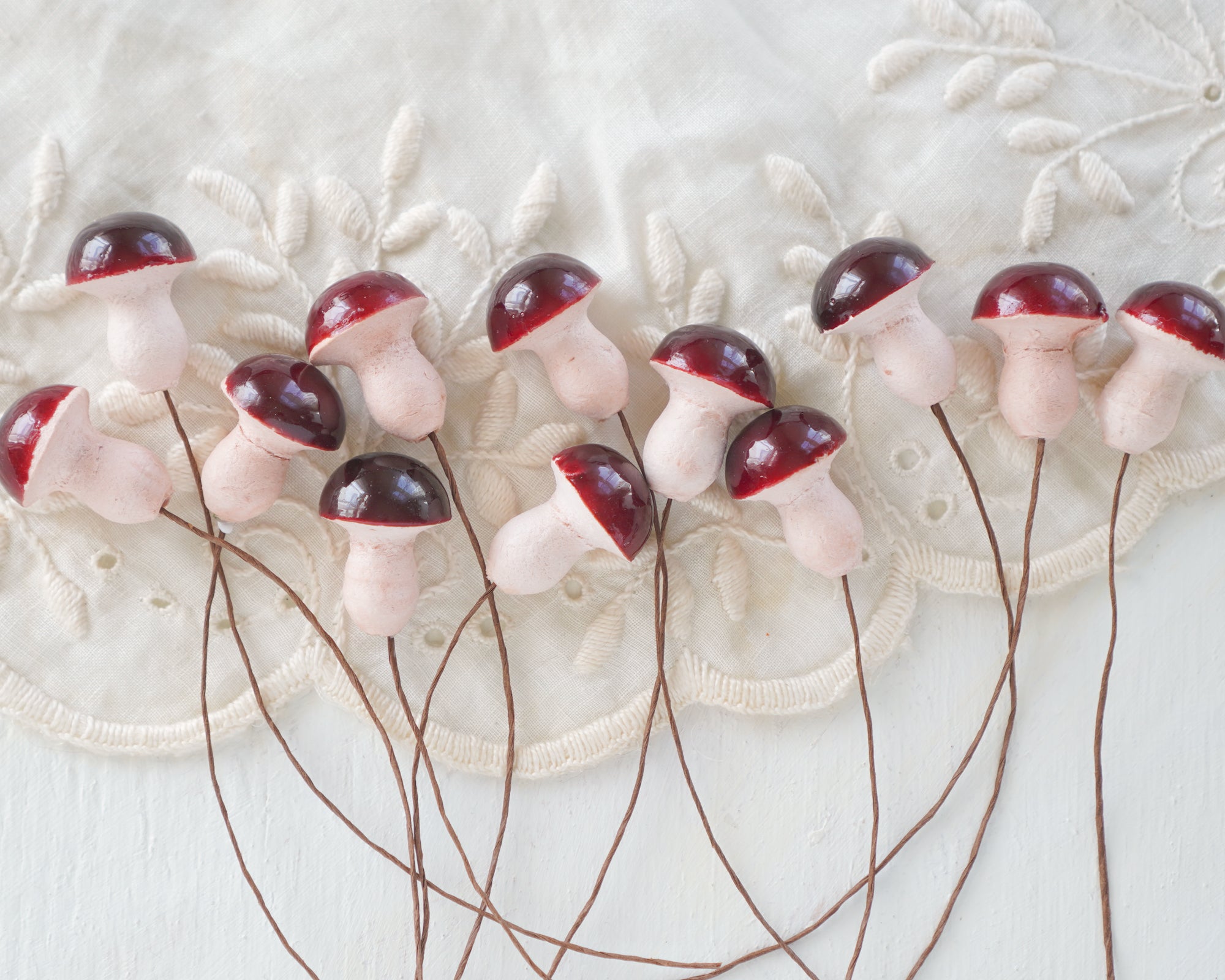 Burgundy Spun Cotton Mushrooms - 20x25mm Small Toadstools, 12 Pcs.