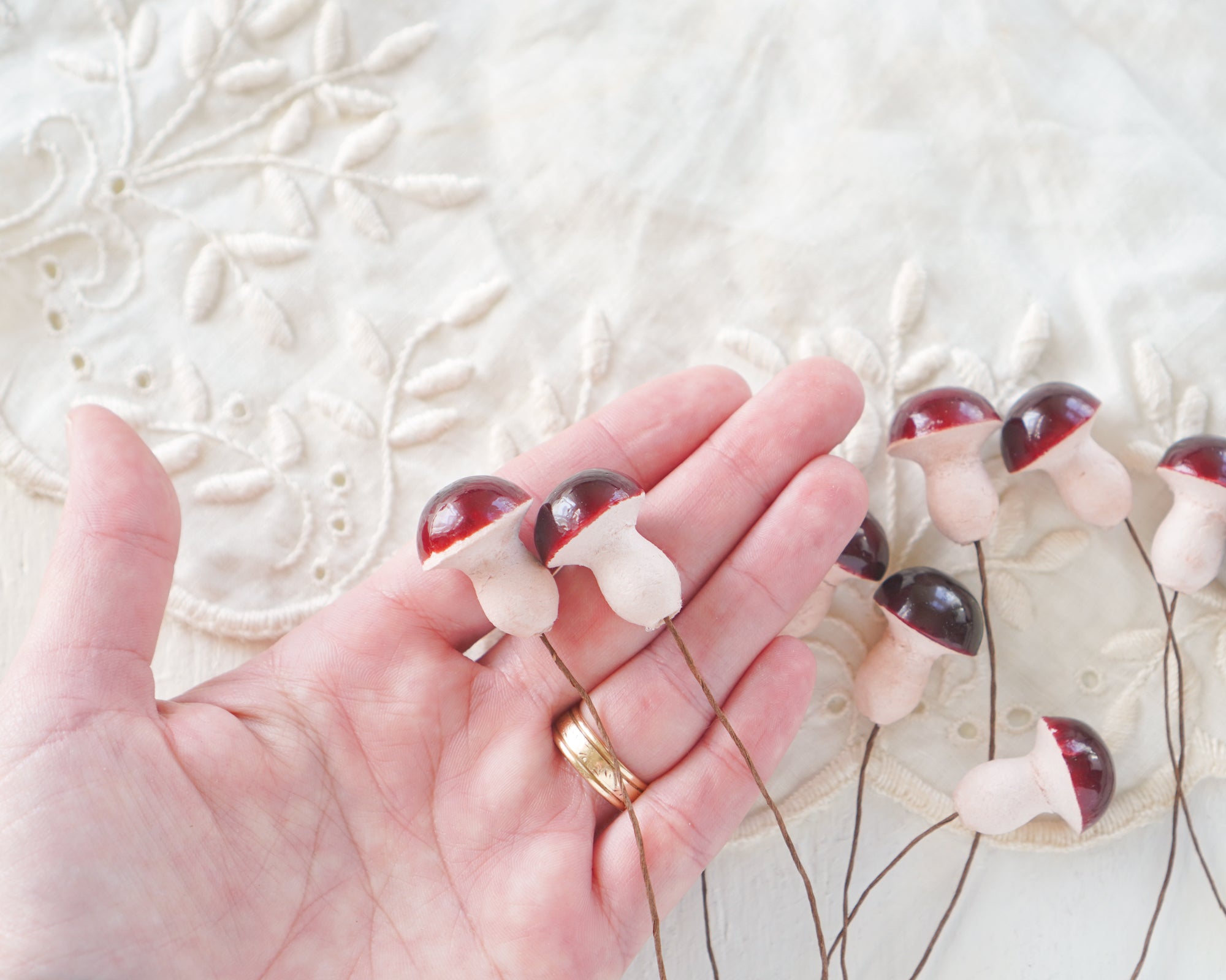 Burgundy Spun Cotton Mushrooms - 20x25mm Small Toadstools, 12 Pcs.