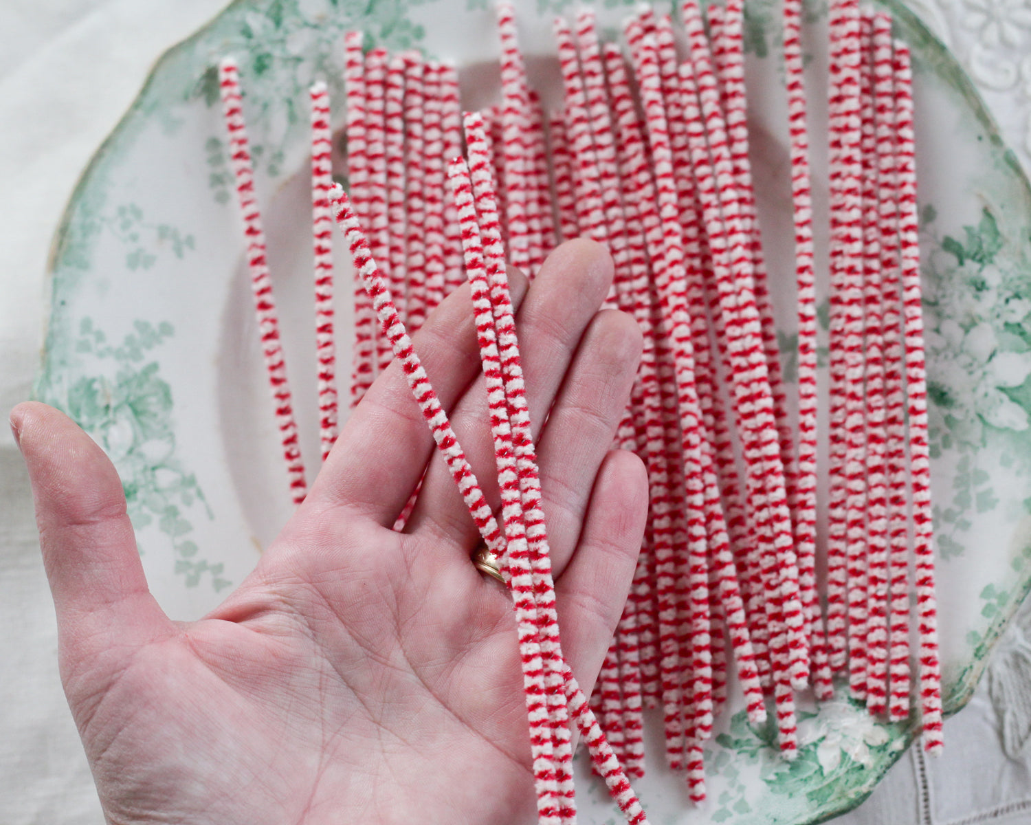 Stiff Bristle Pipe Cleaners - Red and Cream Candy Cane Striped Chenille Stems, Bundle of 36
