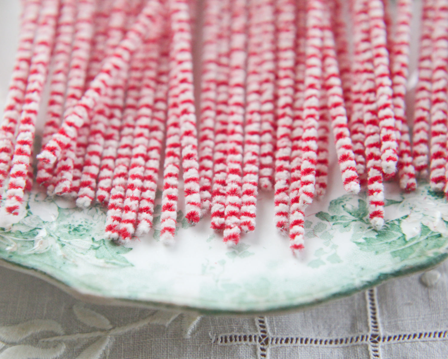 Stiff Bristle Pipe Cleaners - Red and Cream Candy Cane Striped Chenille Stems, Bundle of 36