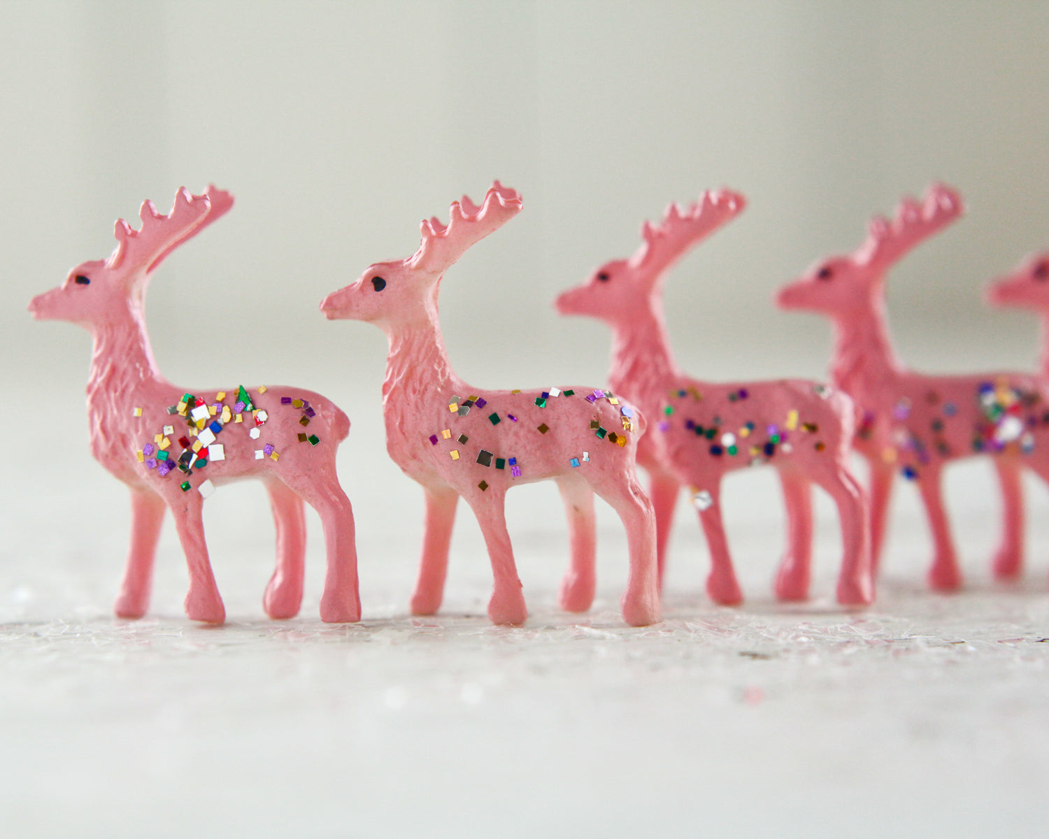Miniature Pink Reindeer - 6 Tiny Plastic Deer with Vintage Glitter