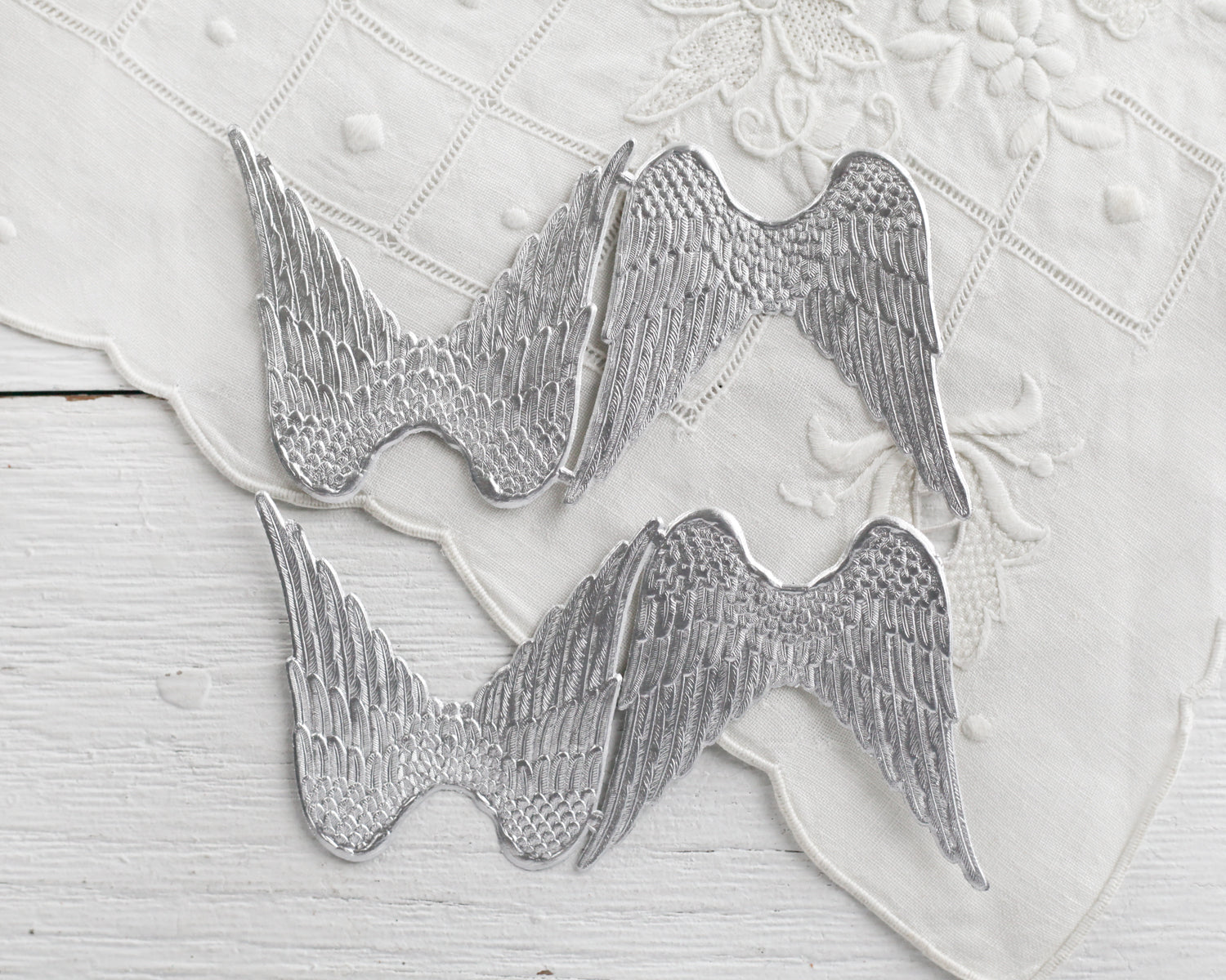 Paper Angel Wings - Embossed Silver Foil Die Cut Dresden Paper Wings, 4 Pcs.