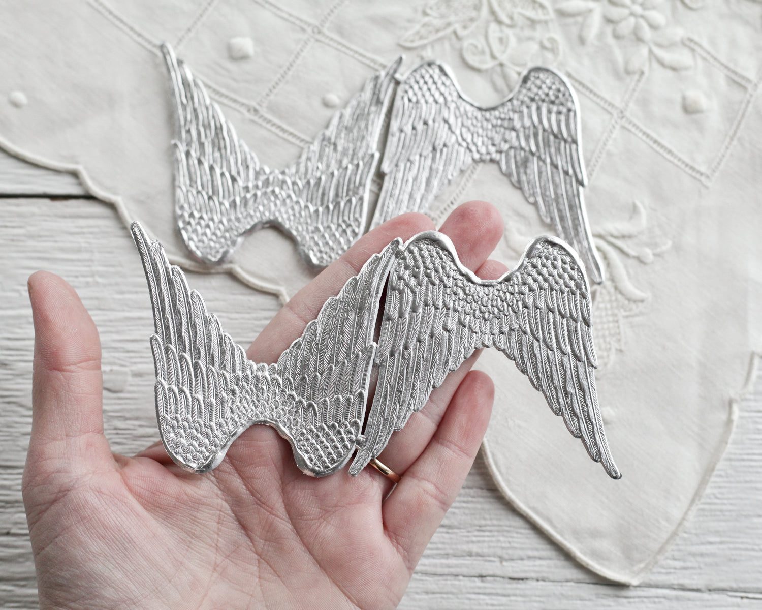 Paper Angel Wings - Embossed Silver Foil Die Cut Dresden Paper Wings, 4 Pcs.