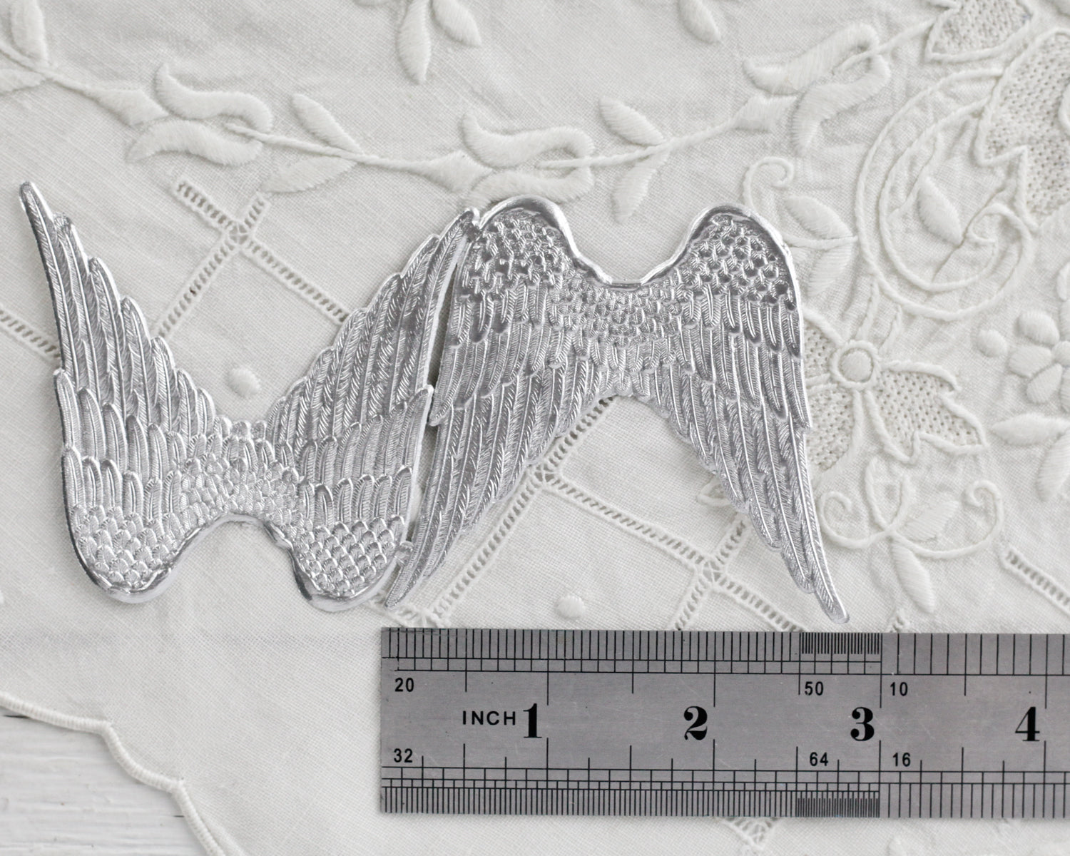 Paper Angel Wings - Embossed Silver Foil Die Cut Dresden Paper Wings, 4 Pcs.