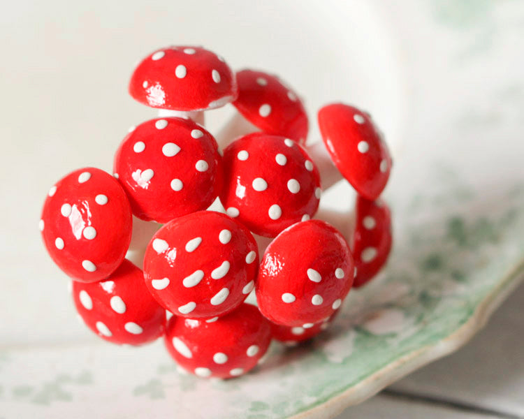 Spun Cotton Mushrooms - 18mm Red Fairy Tale Toadstools, 12 Pcs.