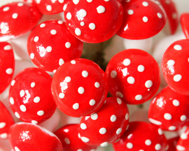 Spun Cotton Mushrooms - 18mm Red Fairy Tale Toadstools, 12 Pcs.