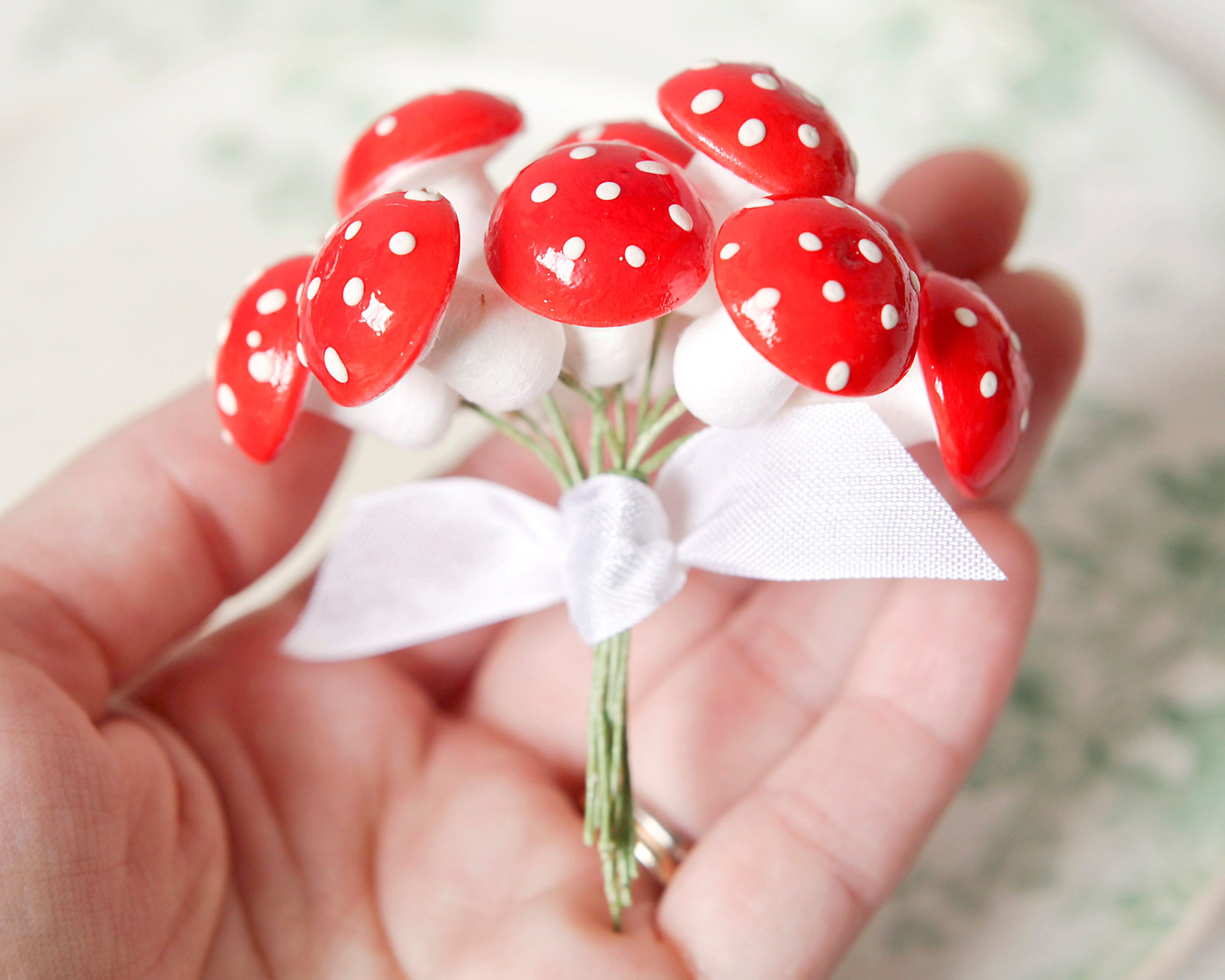 Spun Cotton Mushrooms - 18mm Red Fairy Tale Toadstools, 12 Pcs.