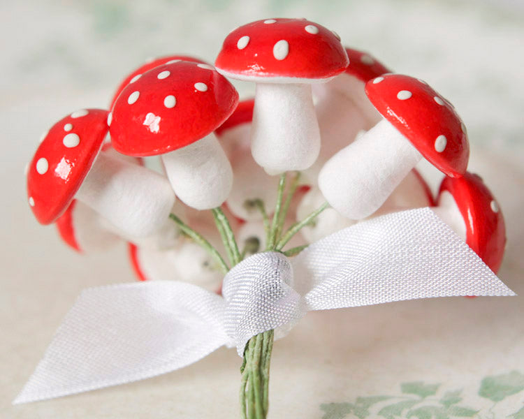 Spun Cotton Mushrooms - 18mm Red Fairy Tale Toadstools, 12 Pcs.