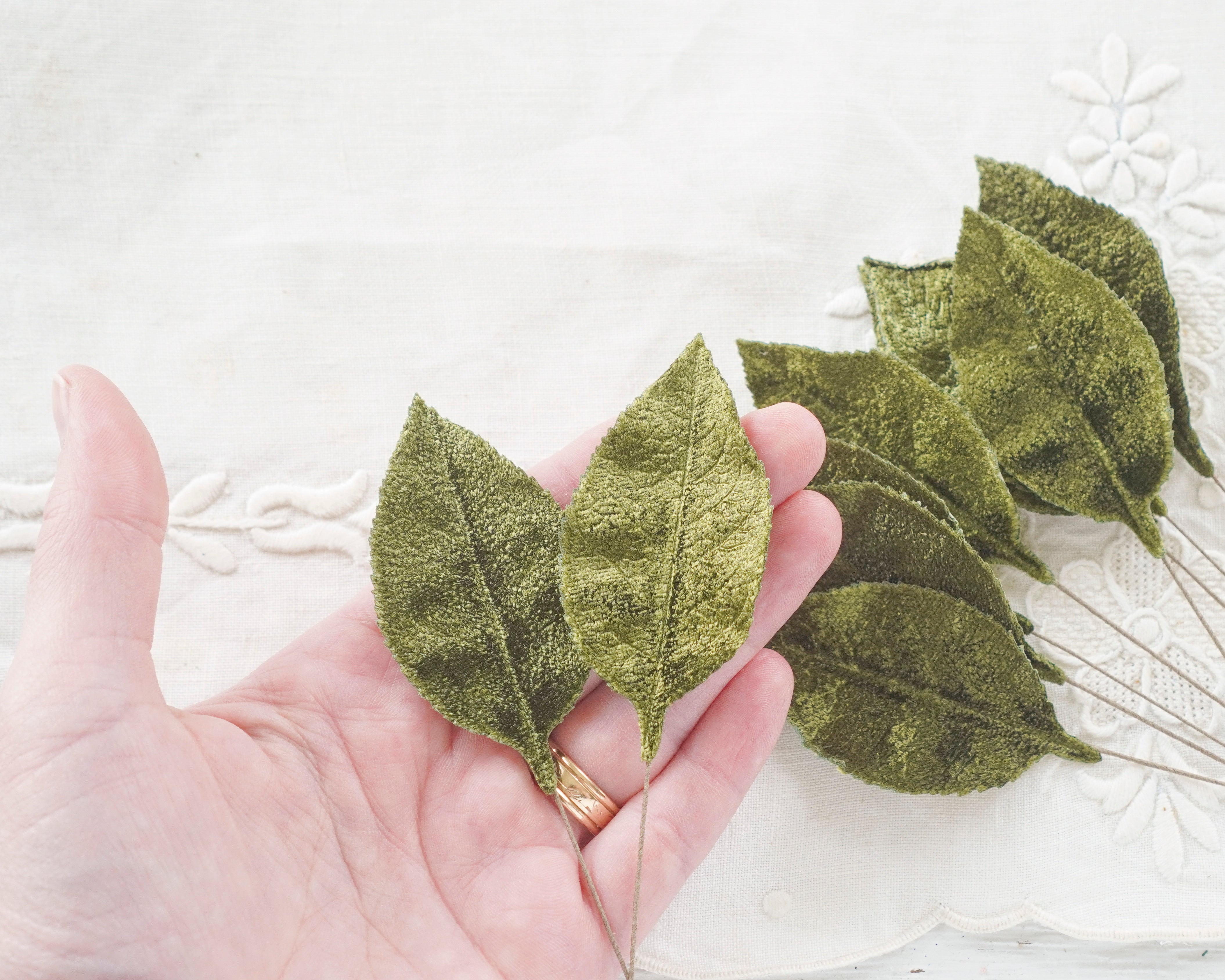Dark Moss Green Velvet Leaves, Large 2 1/2 Inch, 10 Pcs.