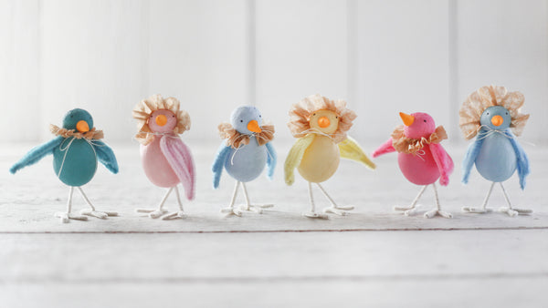 Spun Cotton Spring Birds with Coffee Filter Bonnets and Ruffs