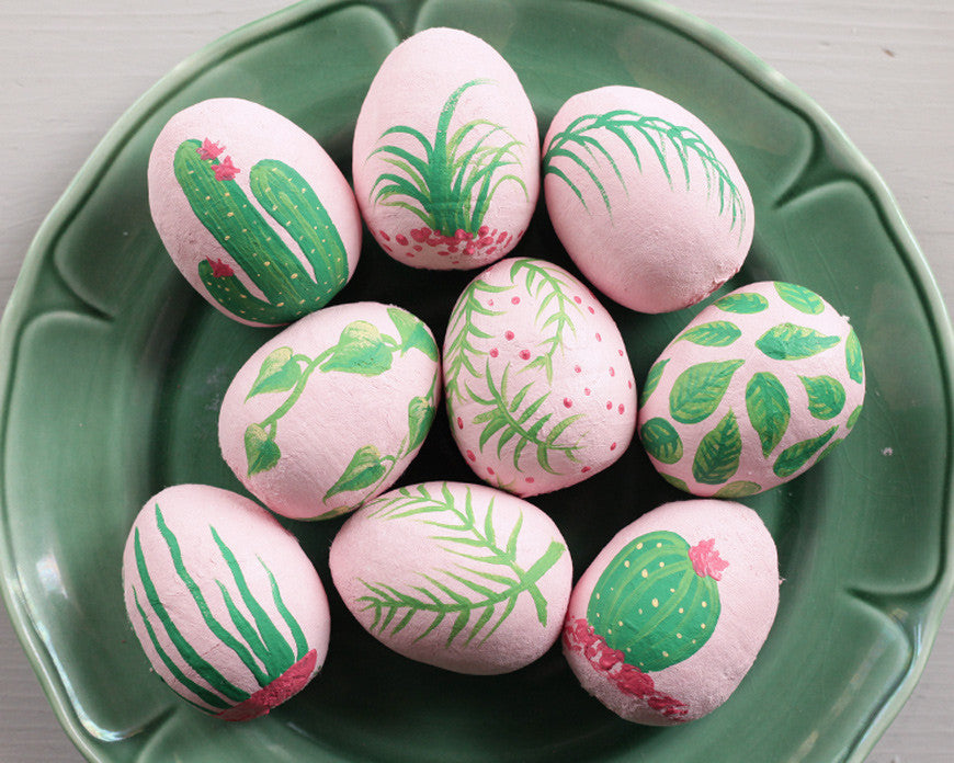 Plants on Pink Easter Eggs - Painted Spun Cotton Eggs