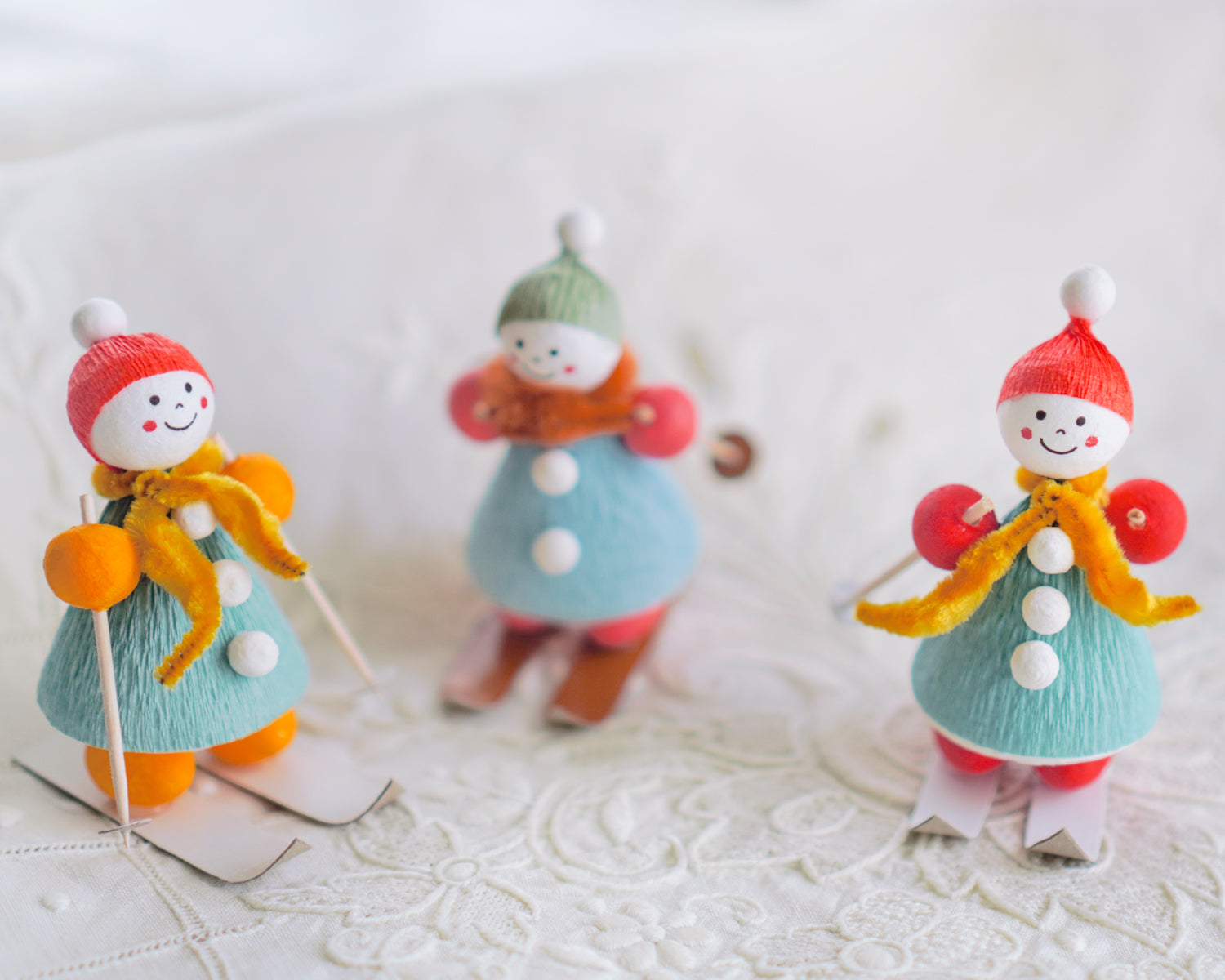 Snow Day Ski Friends - Vintage Style Spun Cotton Figures